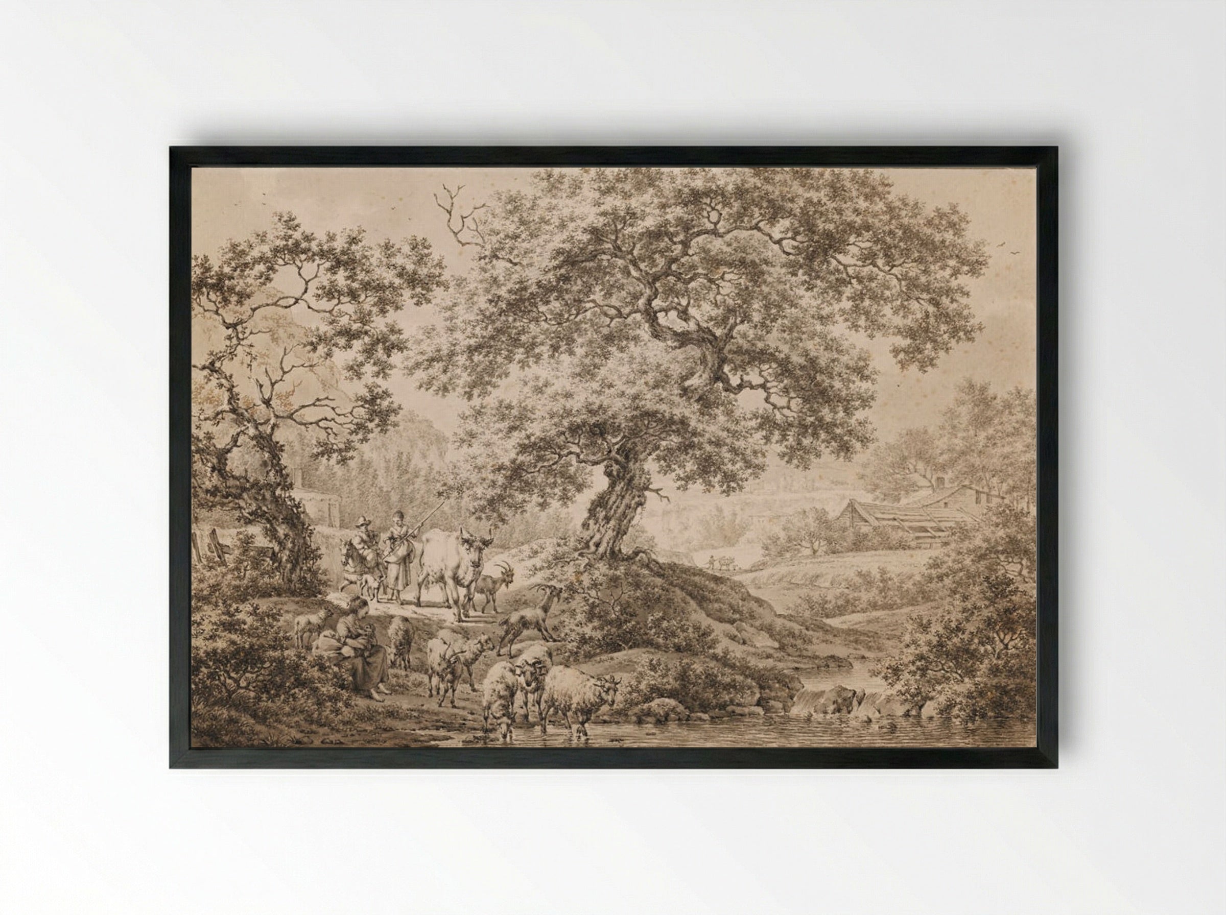 A Wooded, Hilly Landscape with Herders - Jacob Cats - Framed Print Black