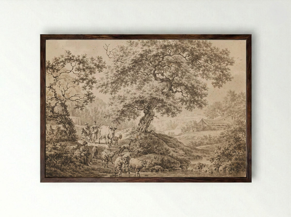 A Wooded, Hilly Landscape with Herders - Jacob Cats - Framed Print Dark Wood