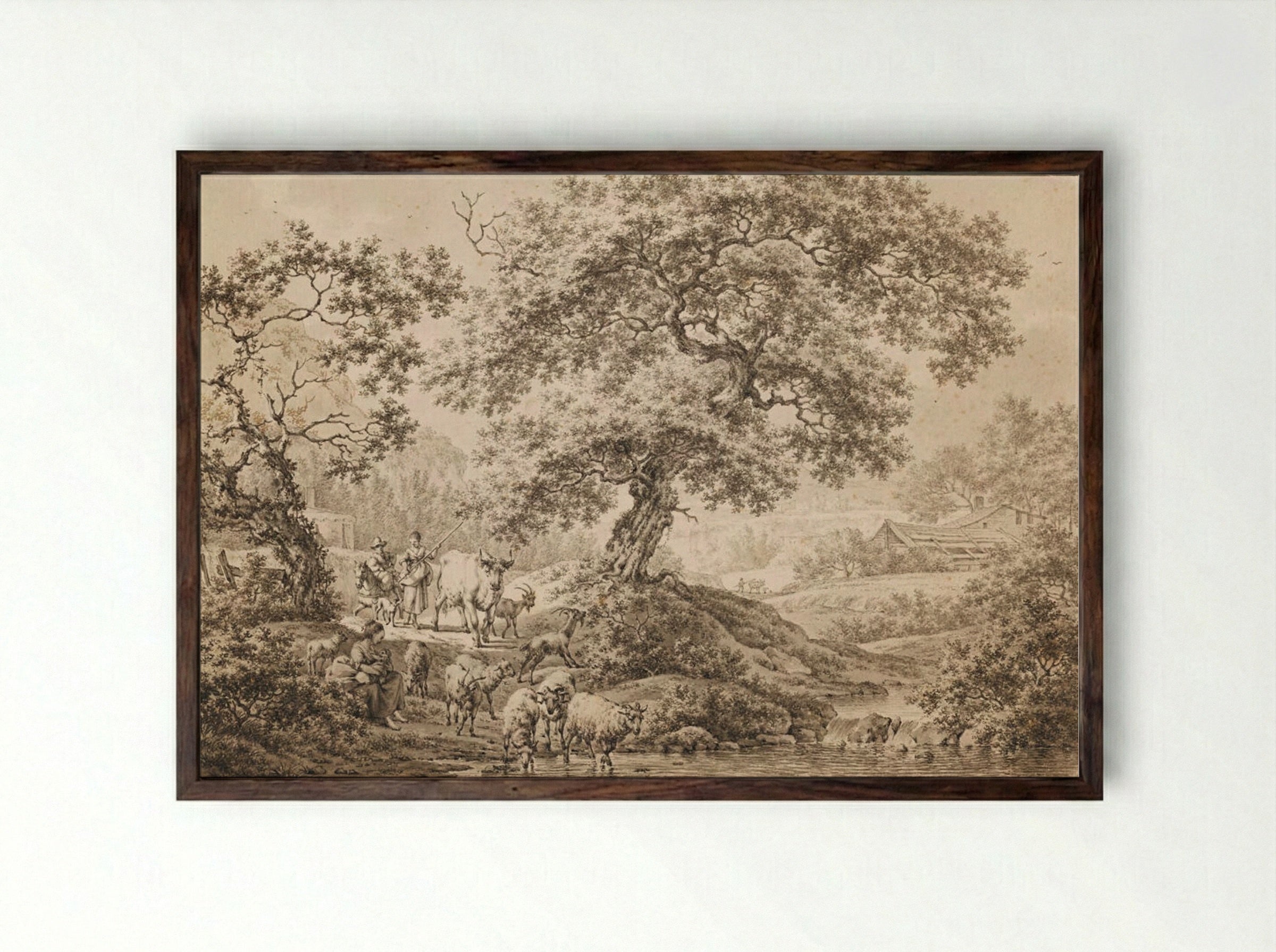 A Wooded, Hilly Landscape with Herders - Jacob Cats - Framed Print Dark Wood