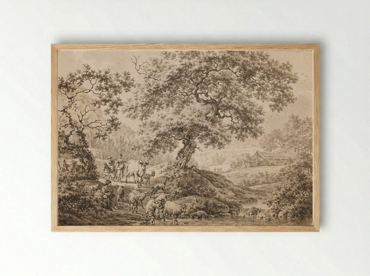 A Wooded, Hilly Landscape with Herders - Jacob Cats - Framed Print Wood