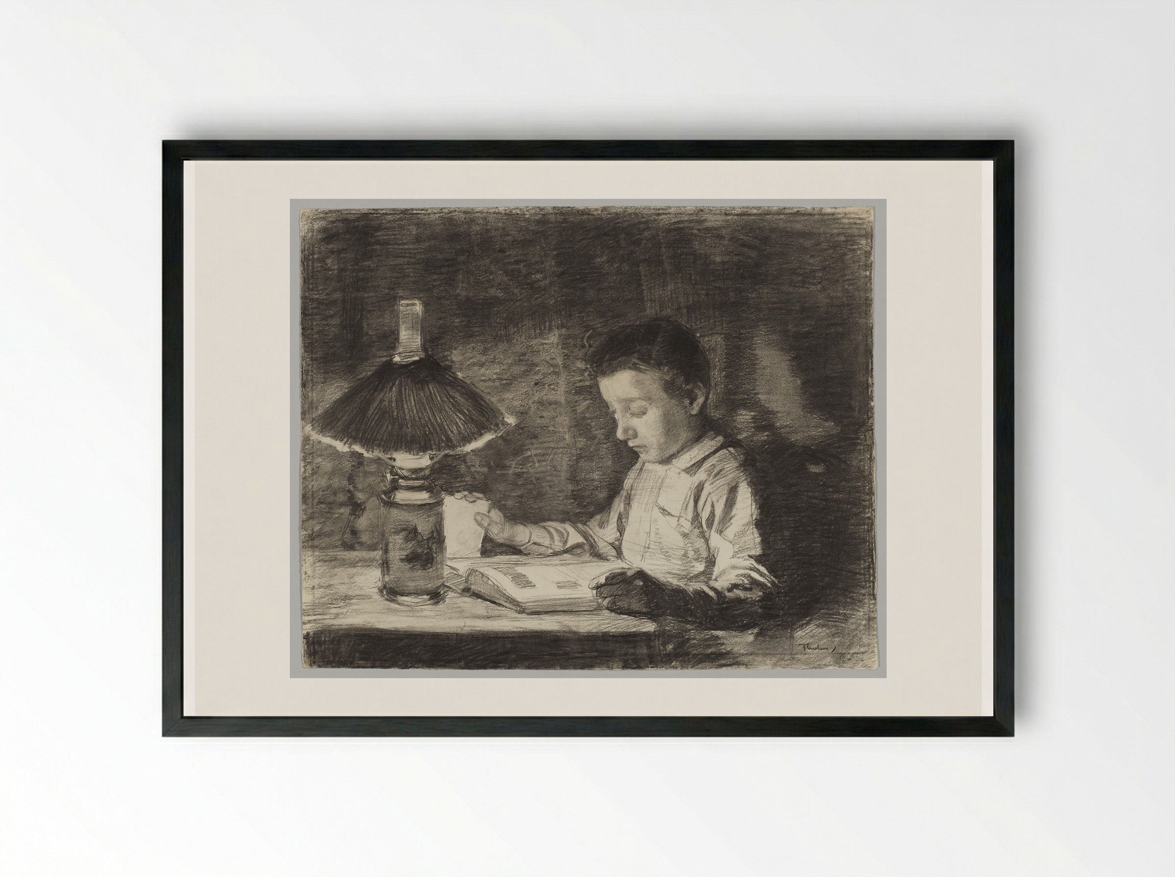 A Young Boy Reading at Night - Willem Bastiaan Tholen - Framed Print Black