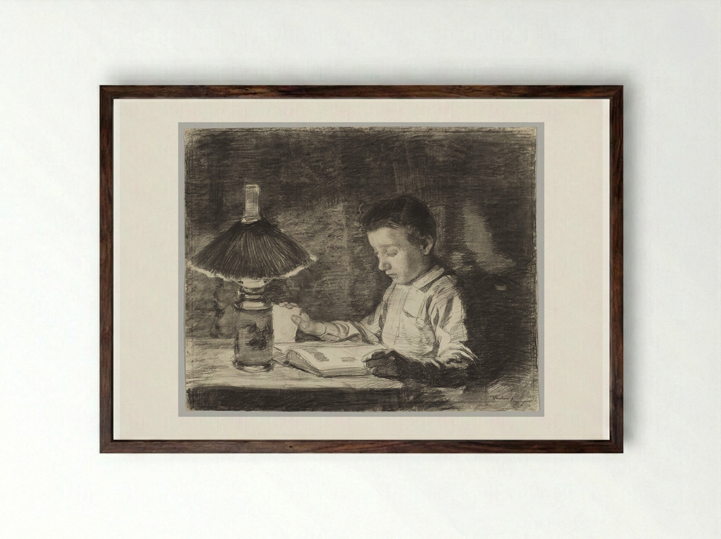 A Young Boy Reading at Night - Willem Bastiaan Tholen - Framed Print Dark Wood
