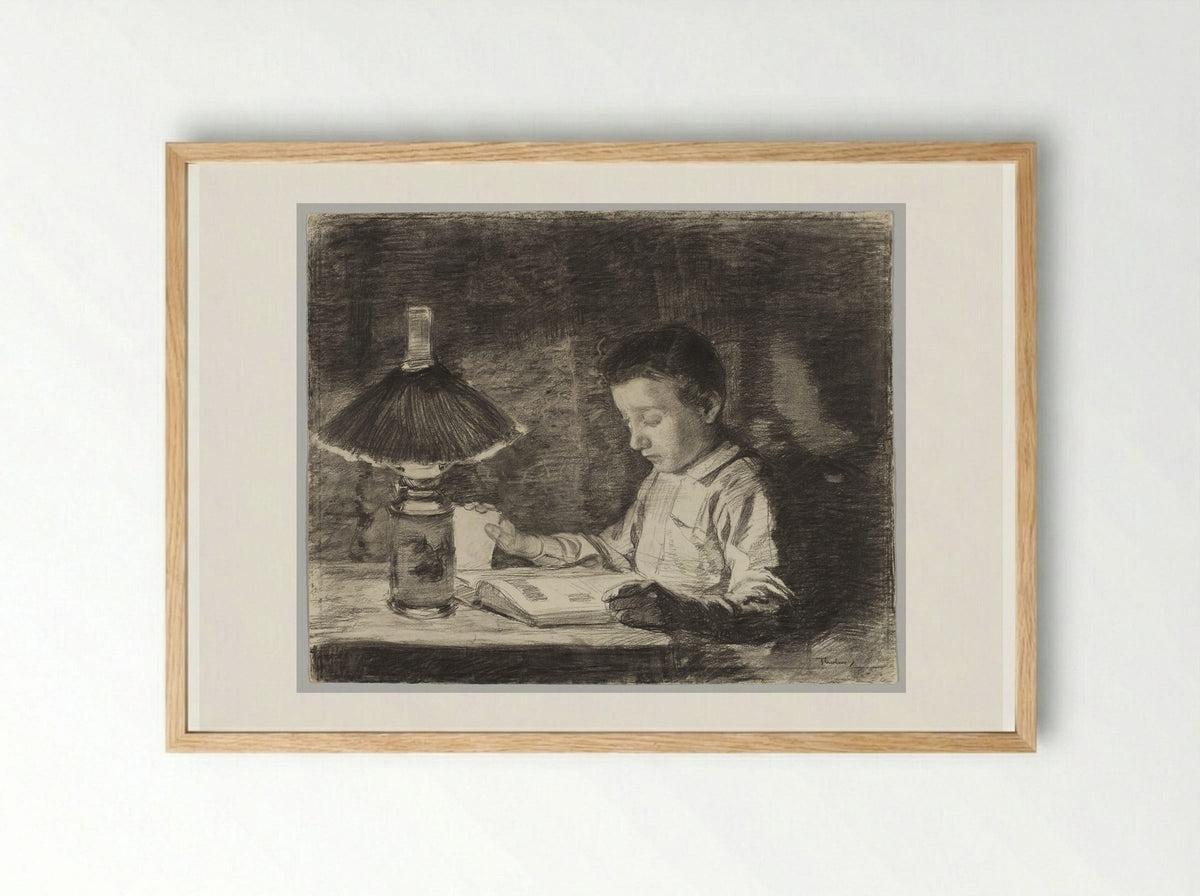 A Young Boy Reading at Night - Willem Bastiaan Tholen - Framed Print Wood