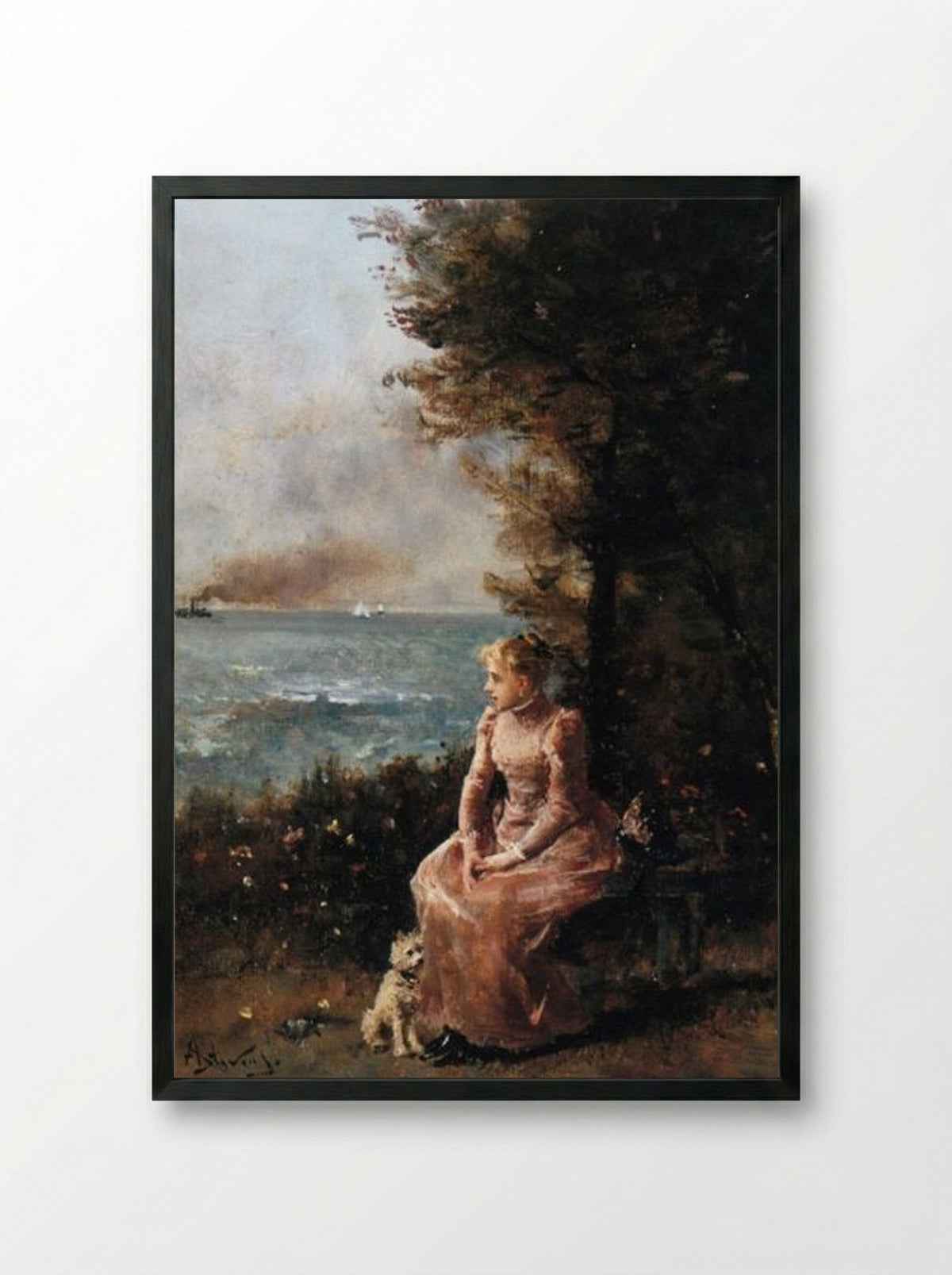 A Young Girl Seated by a Tree - Alfred Stevens - Framed Print Black