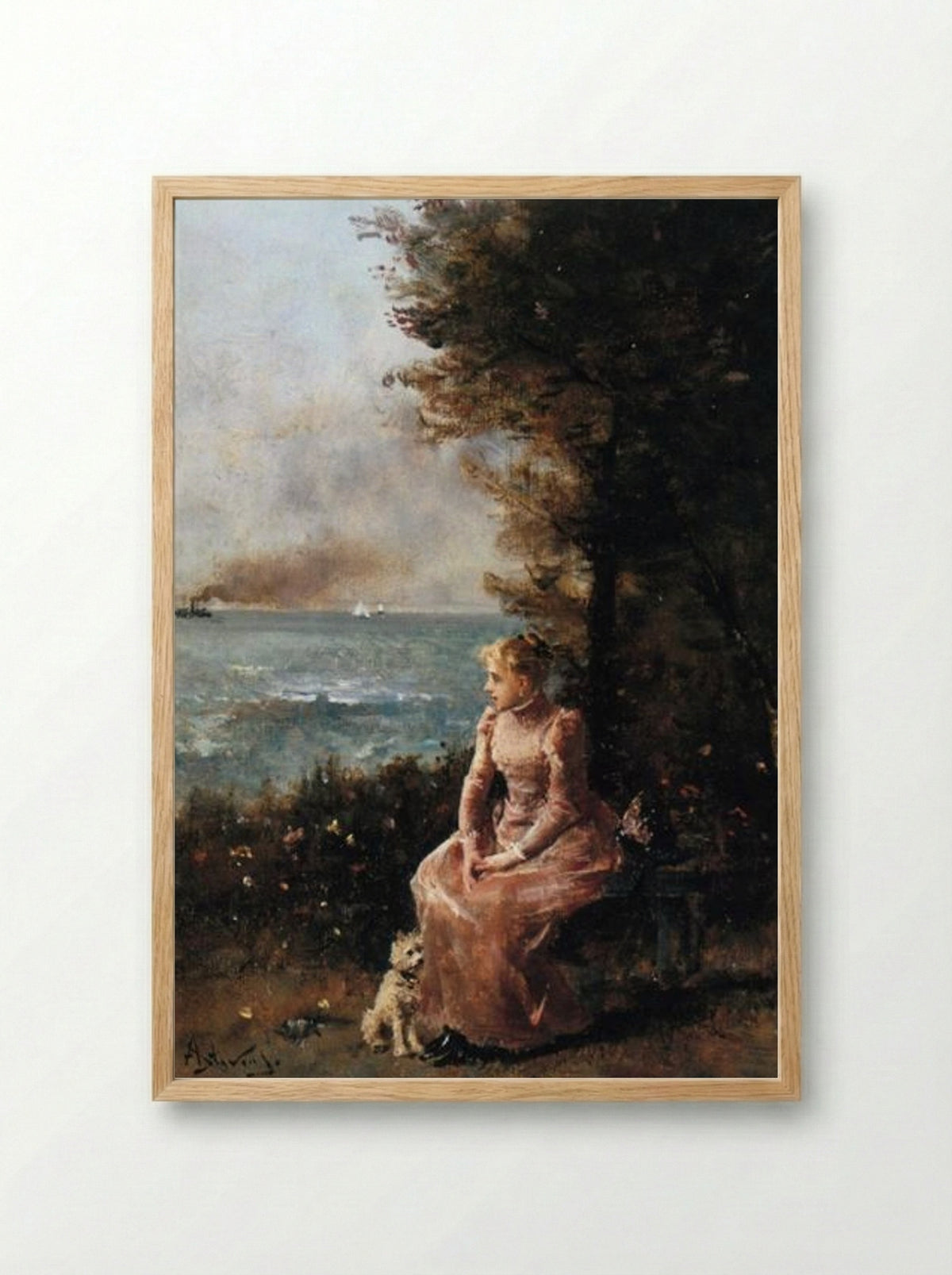 A Young Girl Seated by a Tree - Alfred Stevens - Framed Print Wood