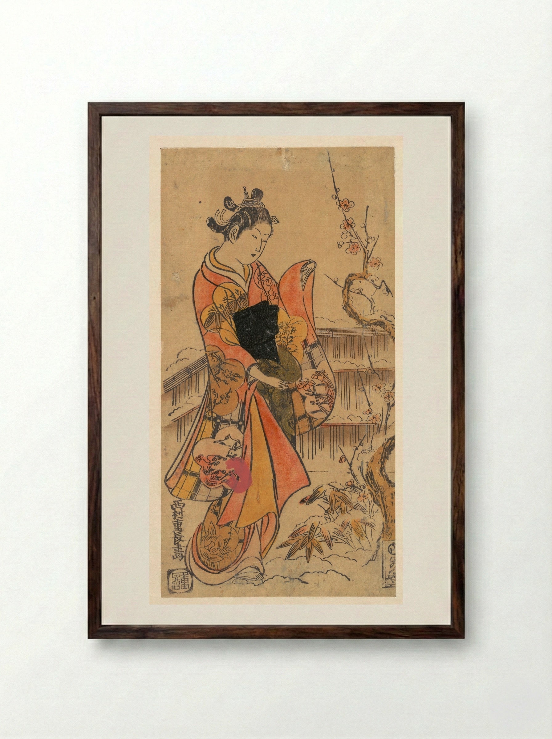 A Young Lady in a Garden - Nishimura Shigenaga - Framed Print Dark Wood