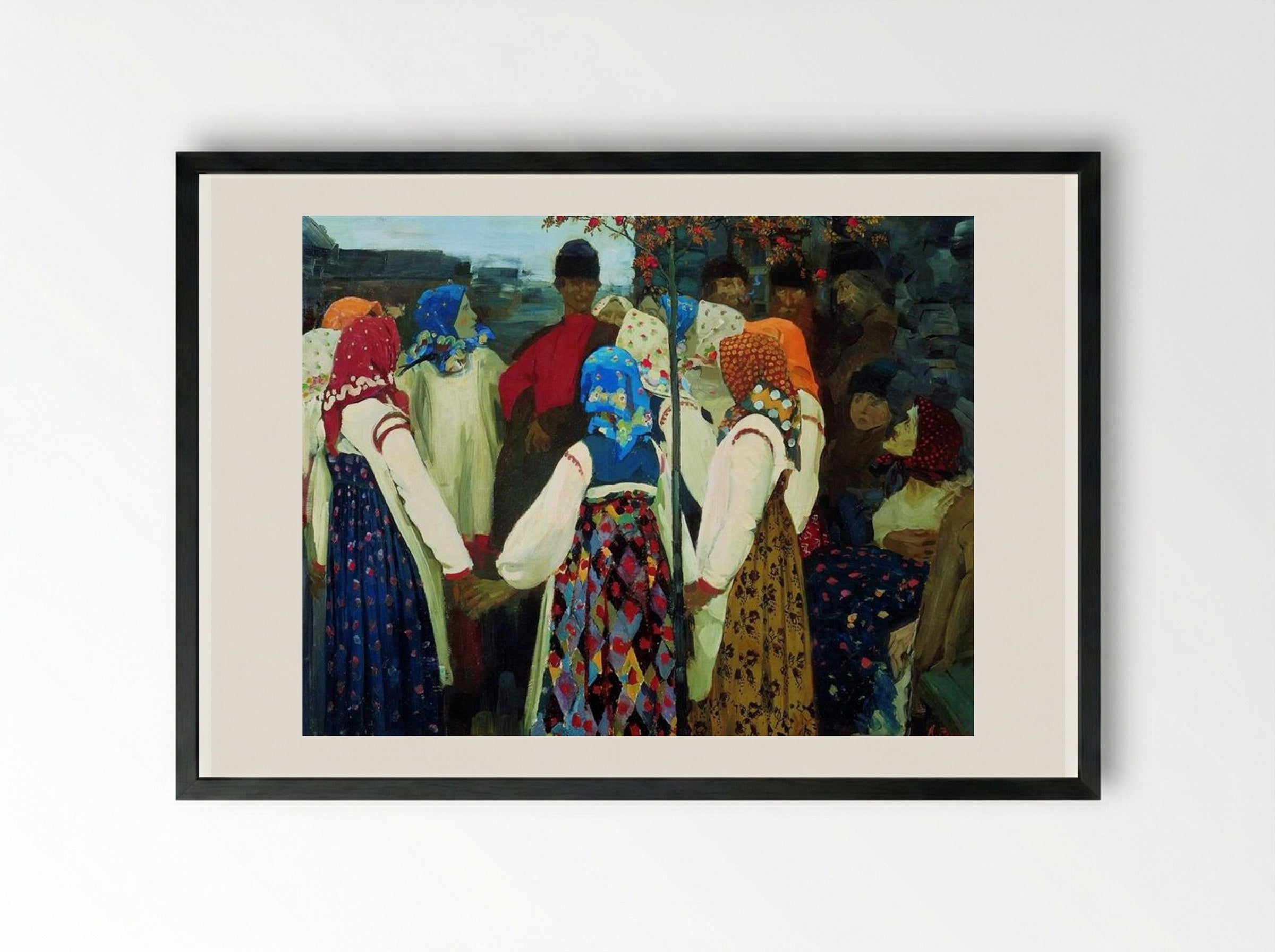 A Young Man Breaking into the Girls Dance, and the Old Women are in Panic - Andrei Ryabushkin - Framed Print Black