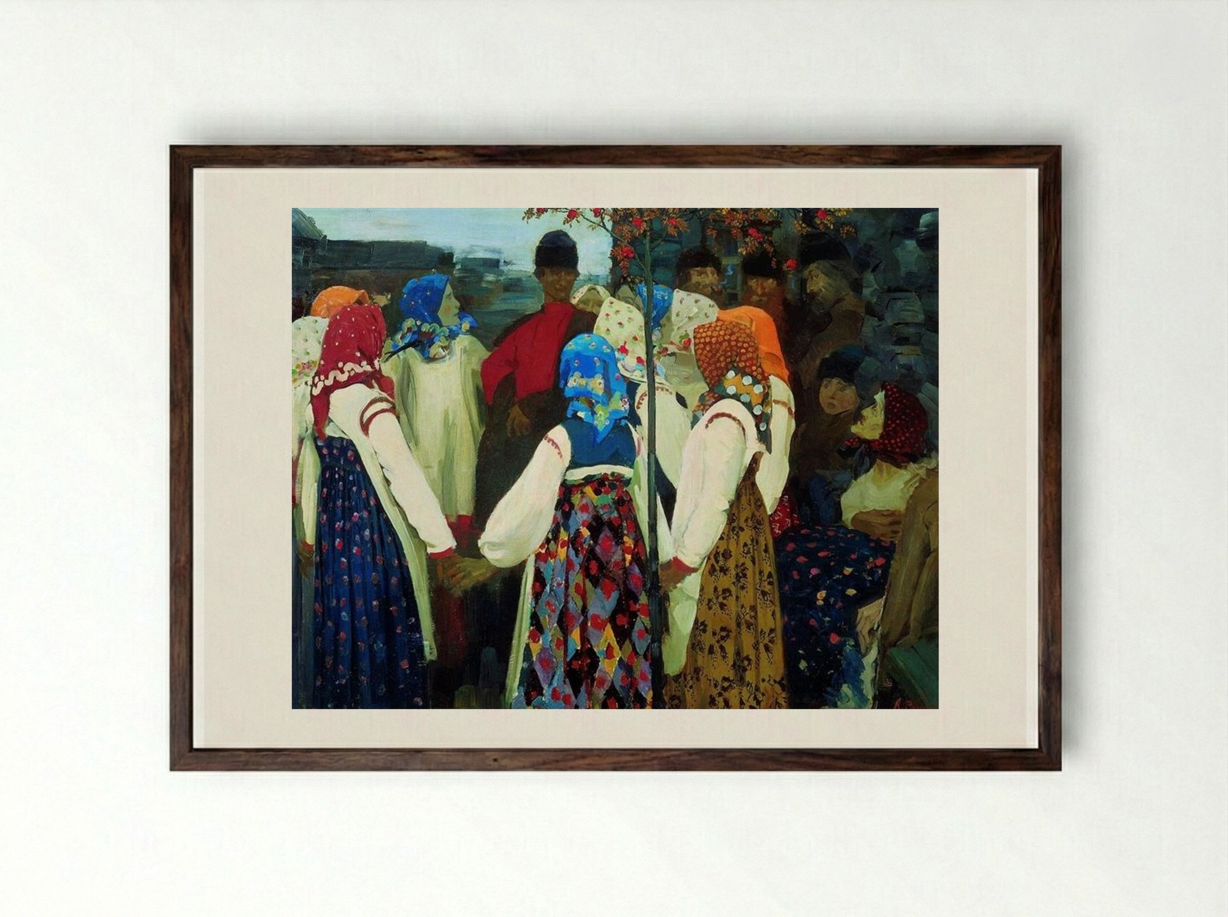 A Young Man Breaking into the Girls Dance, and the Old Women are in Panic - Andrei Ryabushkin - Framed Print Dark Wood