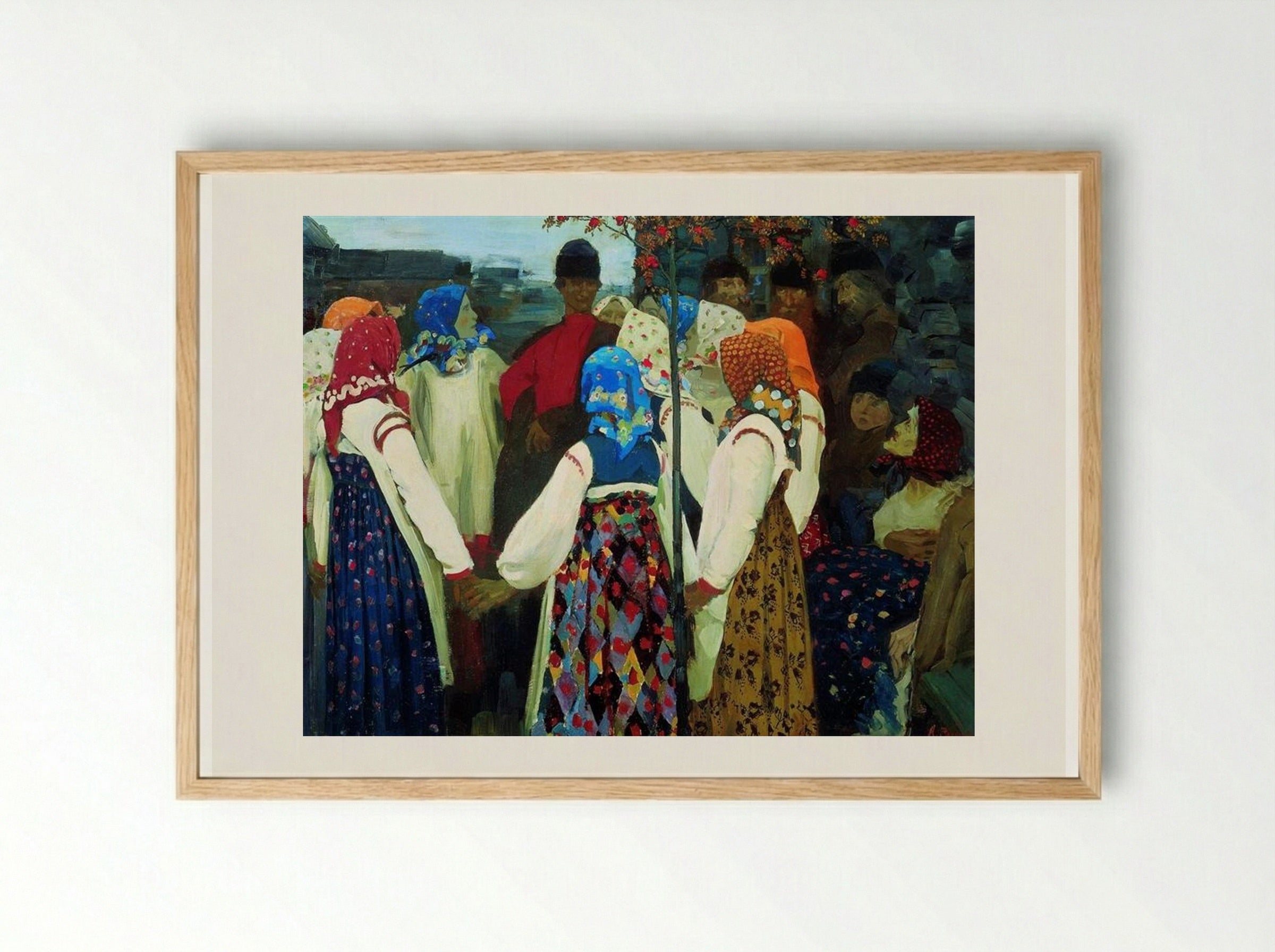 A Young Man Breaking into the Girls Dance, and the Old Women are in Panic - Andrei Ryabushkin - Framed Print Wood