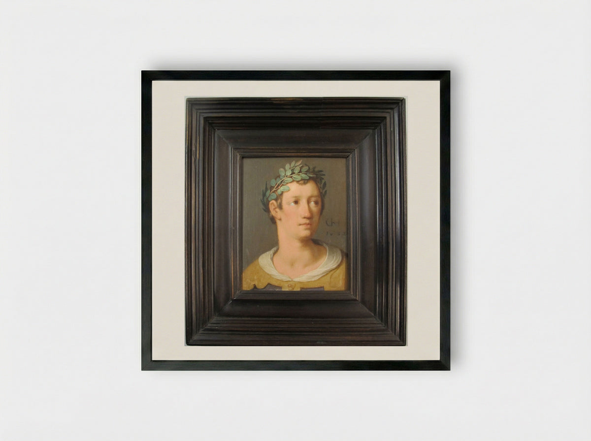 A Young Man with a Crown of Laurel Leaves - Cornelis Cornelisz. van Haarlem - Framed Print Black