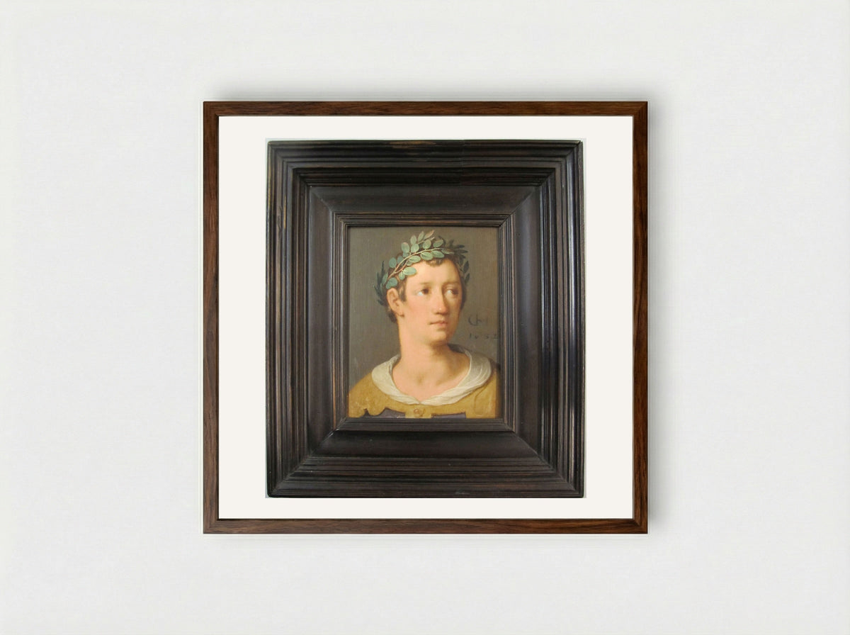 A Young Man with a Crown of Laurel Leaves - Cornelis Cornelisz. van Haarlem - Framed Print Dark Wood