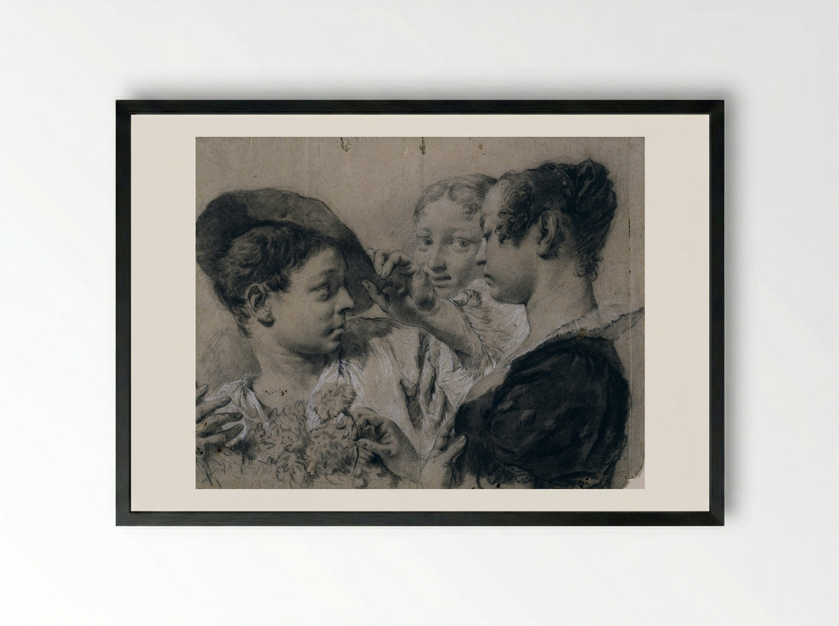 A Young Woman Buying a Pink from a Young Man - Giovanni Battista Piazzetta - Framed Print Black