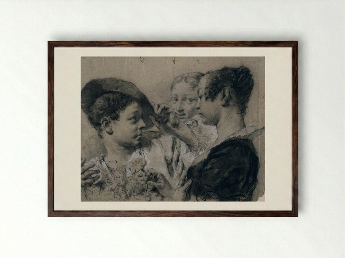 A Young Woman Buying a Pink from a Young Man - Giovanni Battista Piazzetta - Framed Print Dark Wood