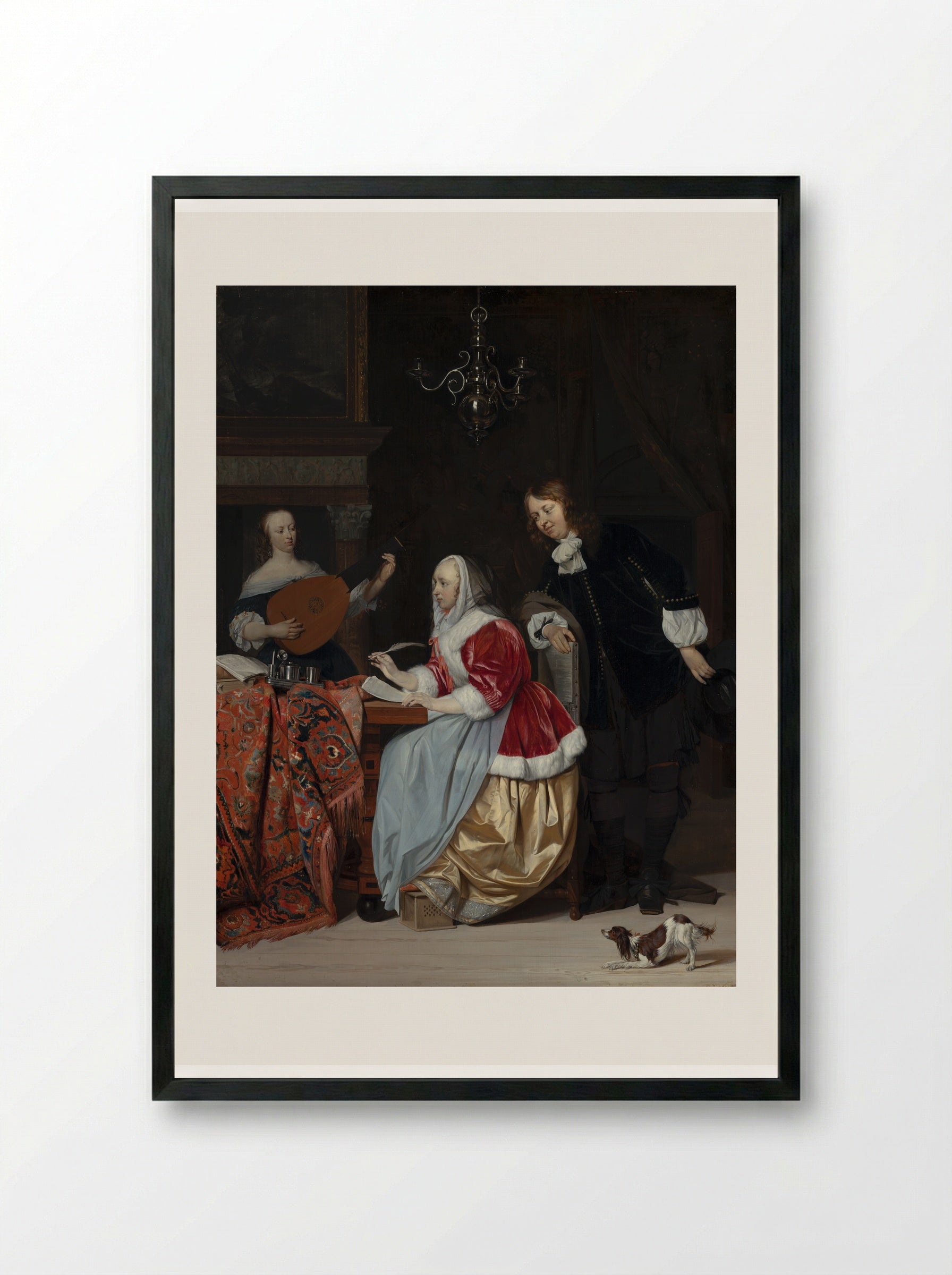 A Young Woman Composing Music - Gabriel Metsu - Framed Print Black