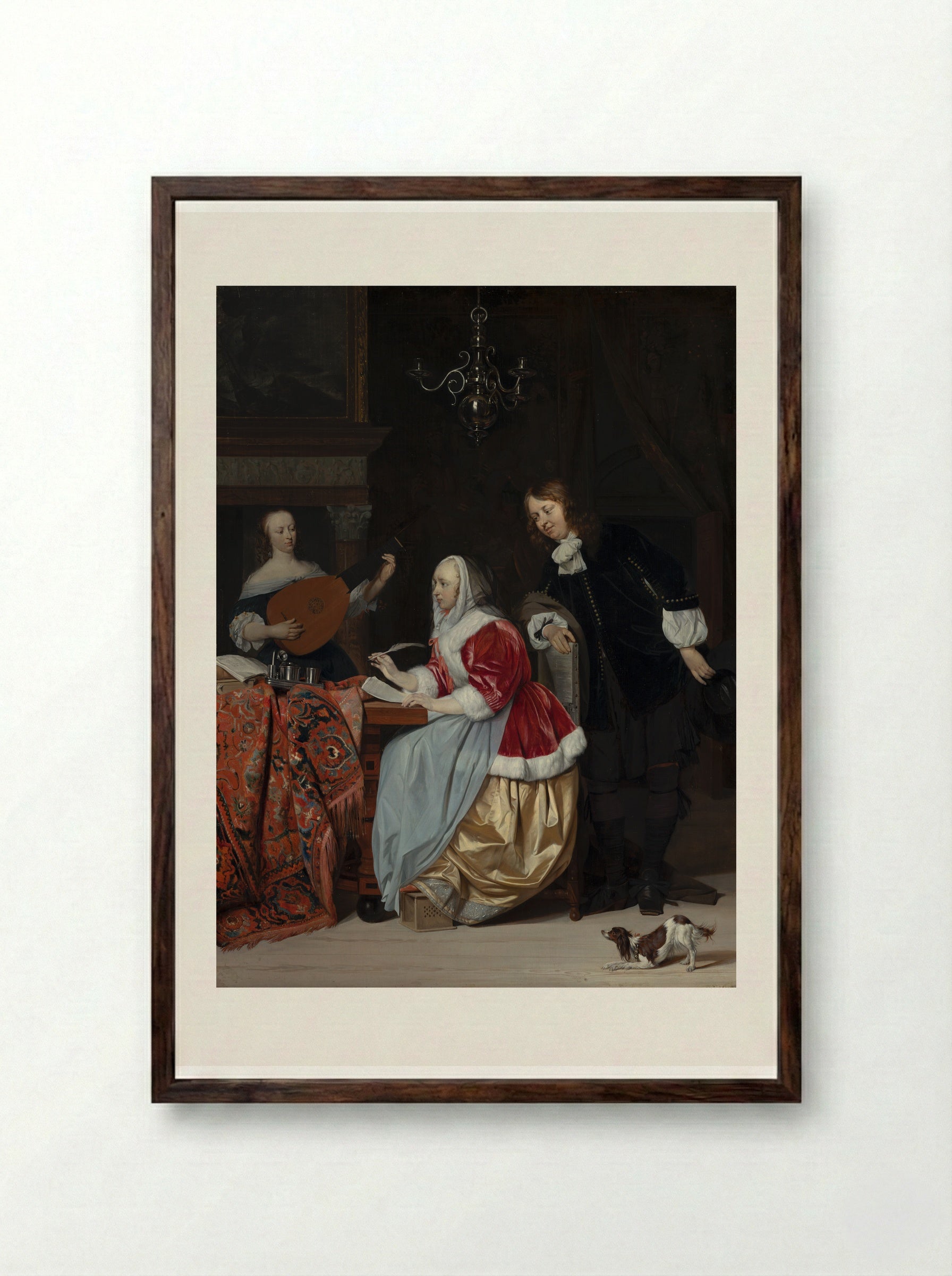 A Young Woman Composing Music - Gabriel Metsu - Framed Print Dark Wood