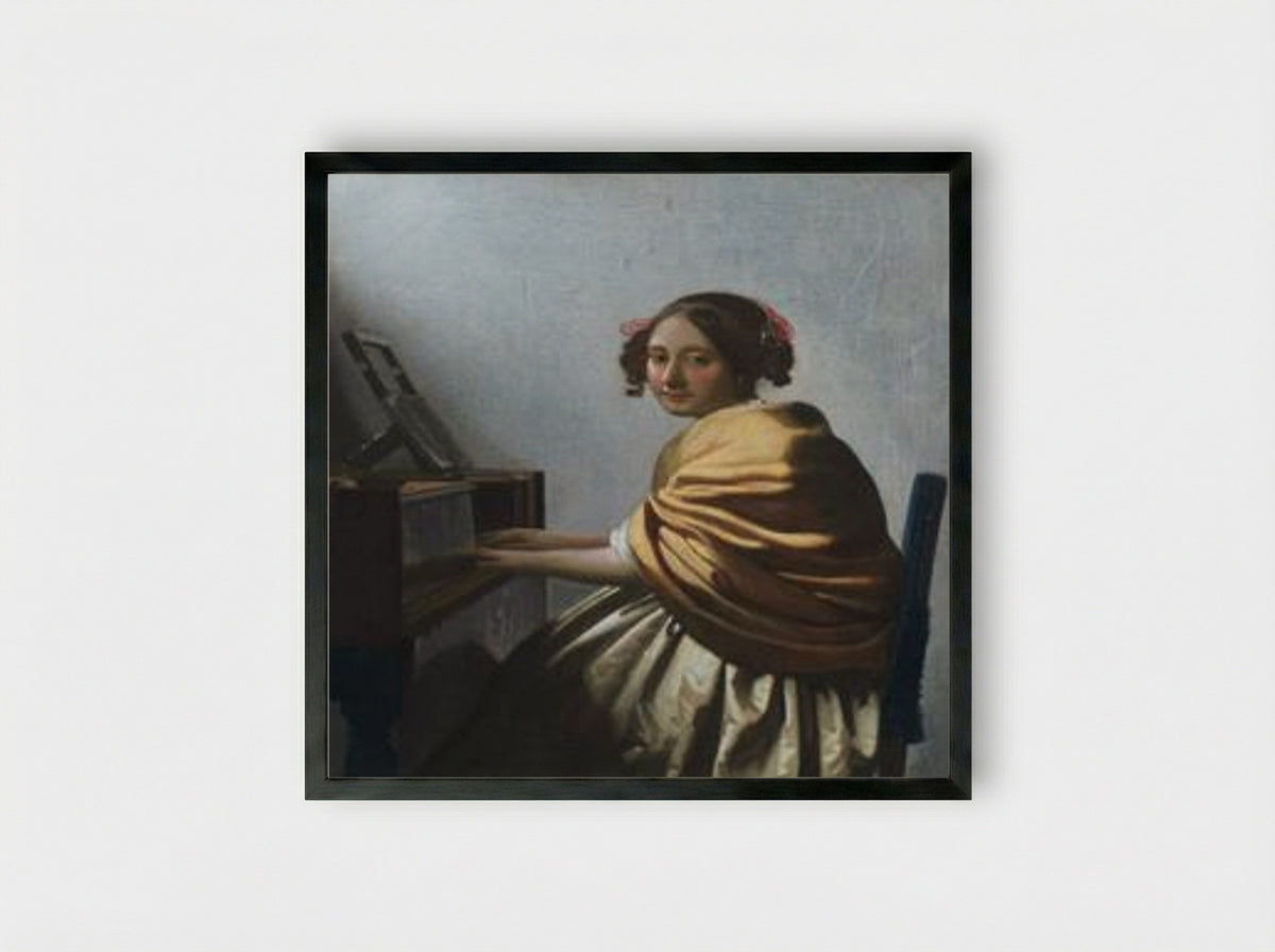 A Young Woman Seated at the Virginal - Johannes Vermeer - Framed Print Black