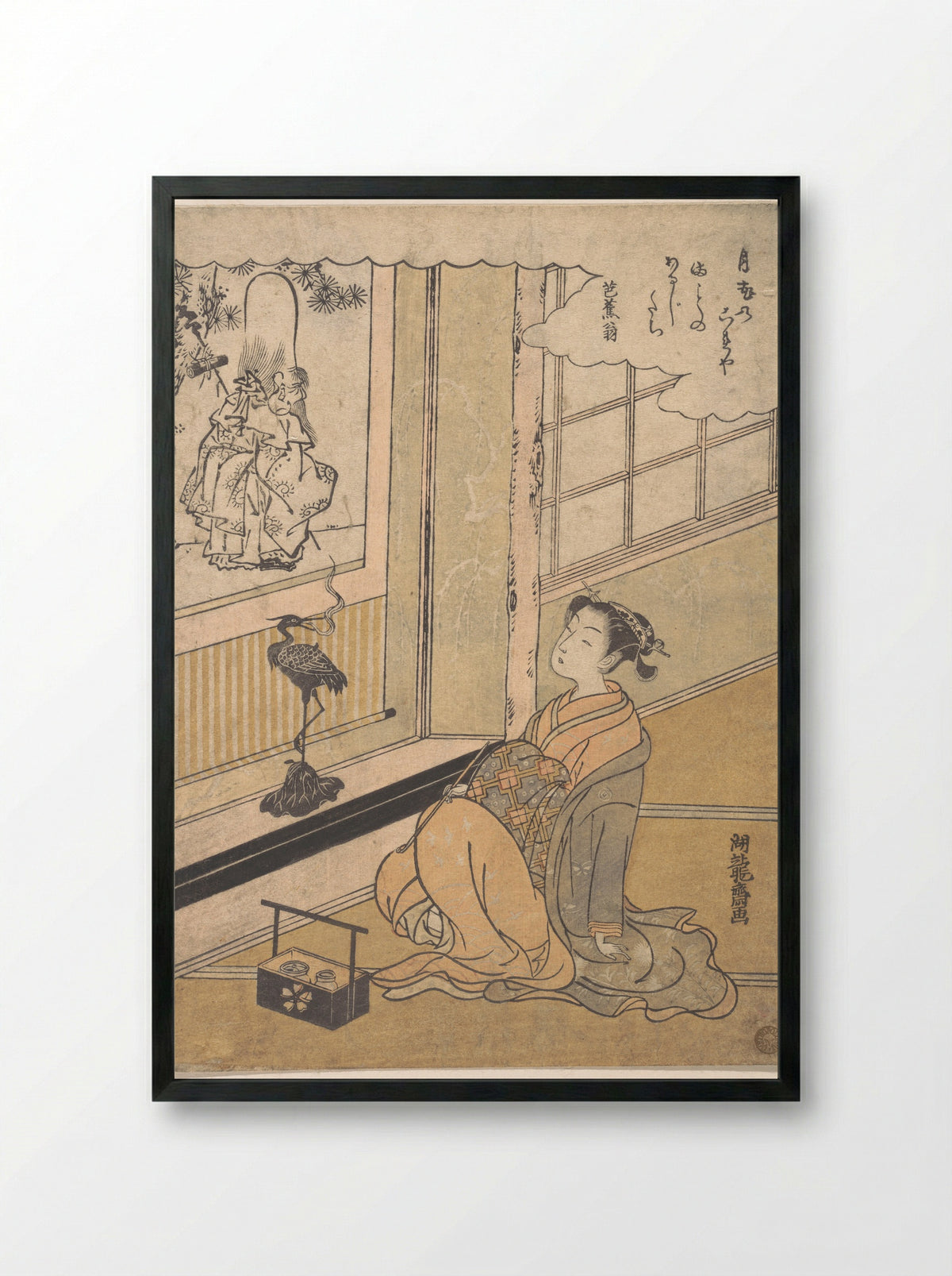 A Young Woman Seated in a Room and Looking at a Kakemono of Fukurokujin - Isoda Koryūsai - Framed Print Black
