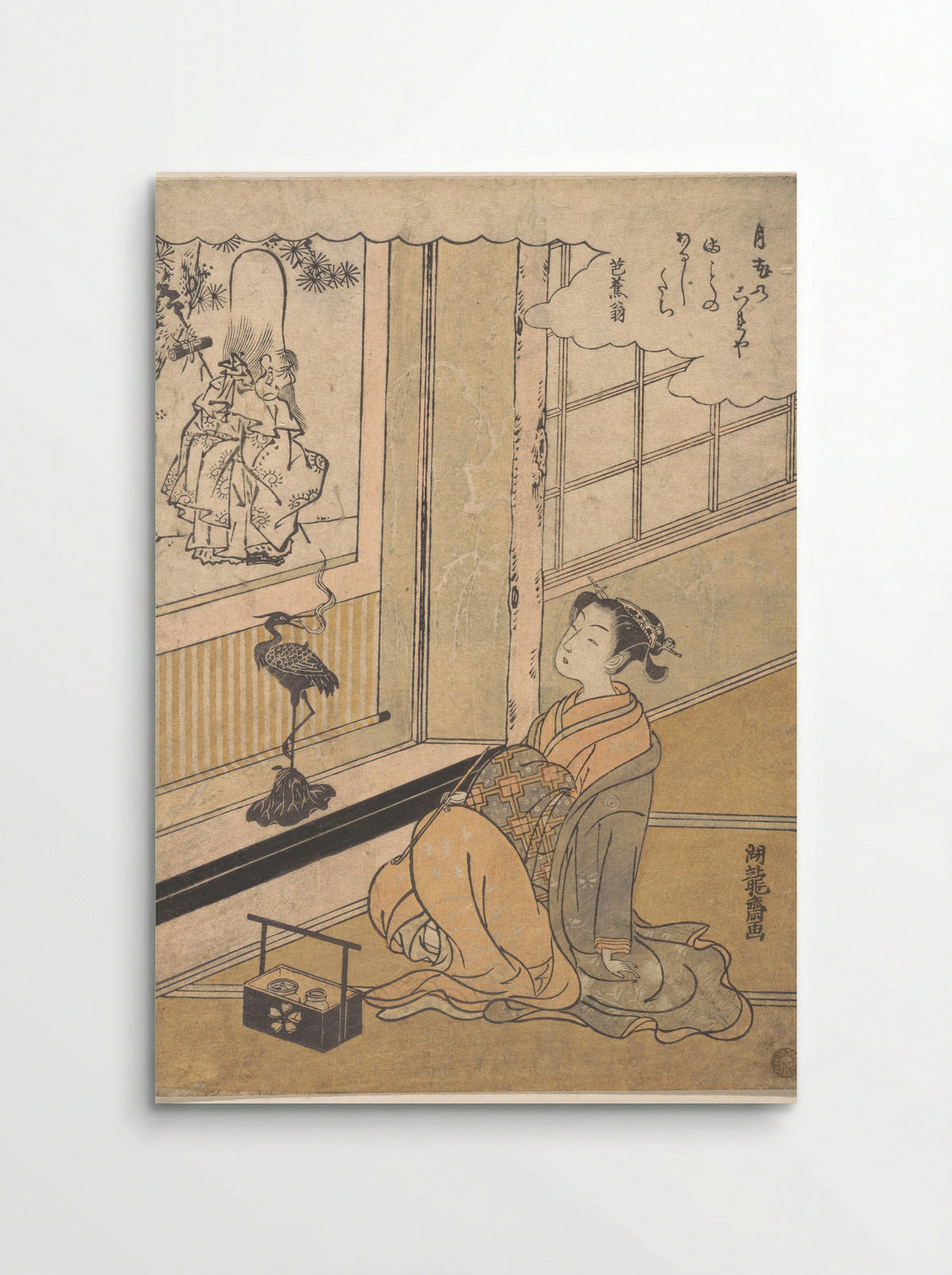 A Young Woman Seated in a Room and Looking at a Kakemono of Fukurokujin - Isoda Koryūsai - Poster