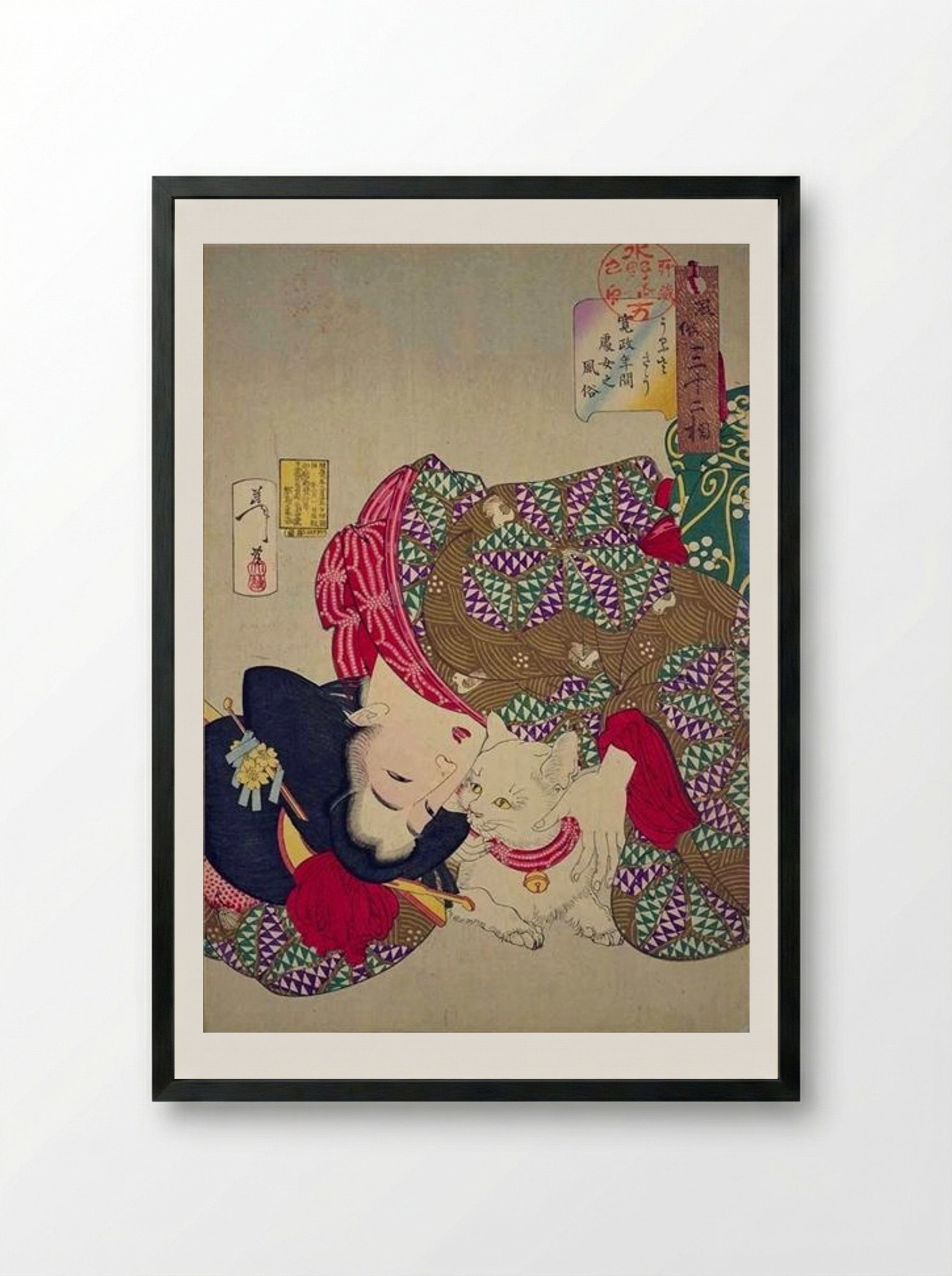A Young Woman from the Kansei Period Playing with Her Cat - Tsukioka Yoshitoshi - Framed Print Black