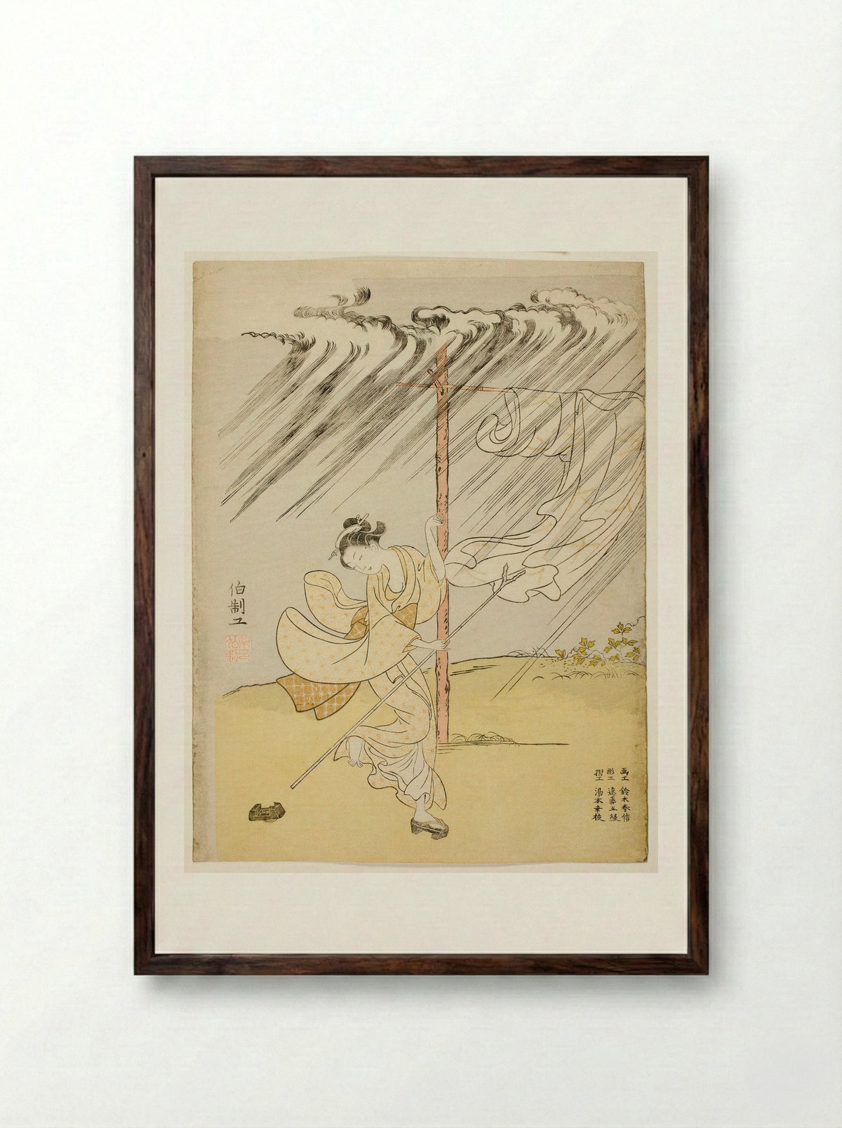 A Young Woman in a Summer Shower - Suzuki Harunobu - Framed Print Dark Wood