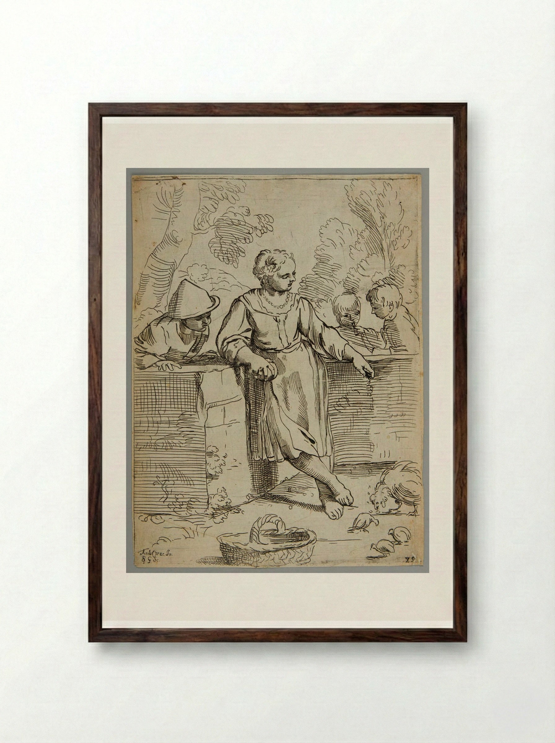 A girl who cares for chickens - Simon Guillain - Framed Print Dark Wood