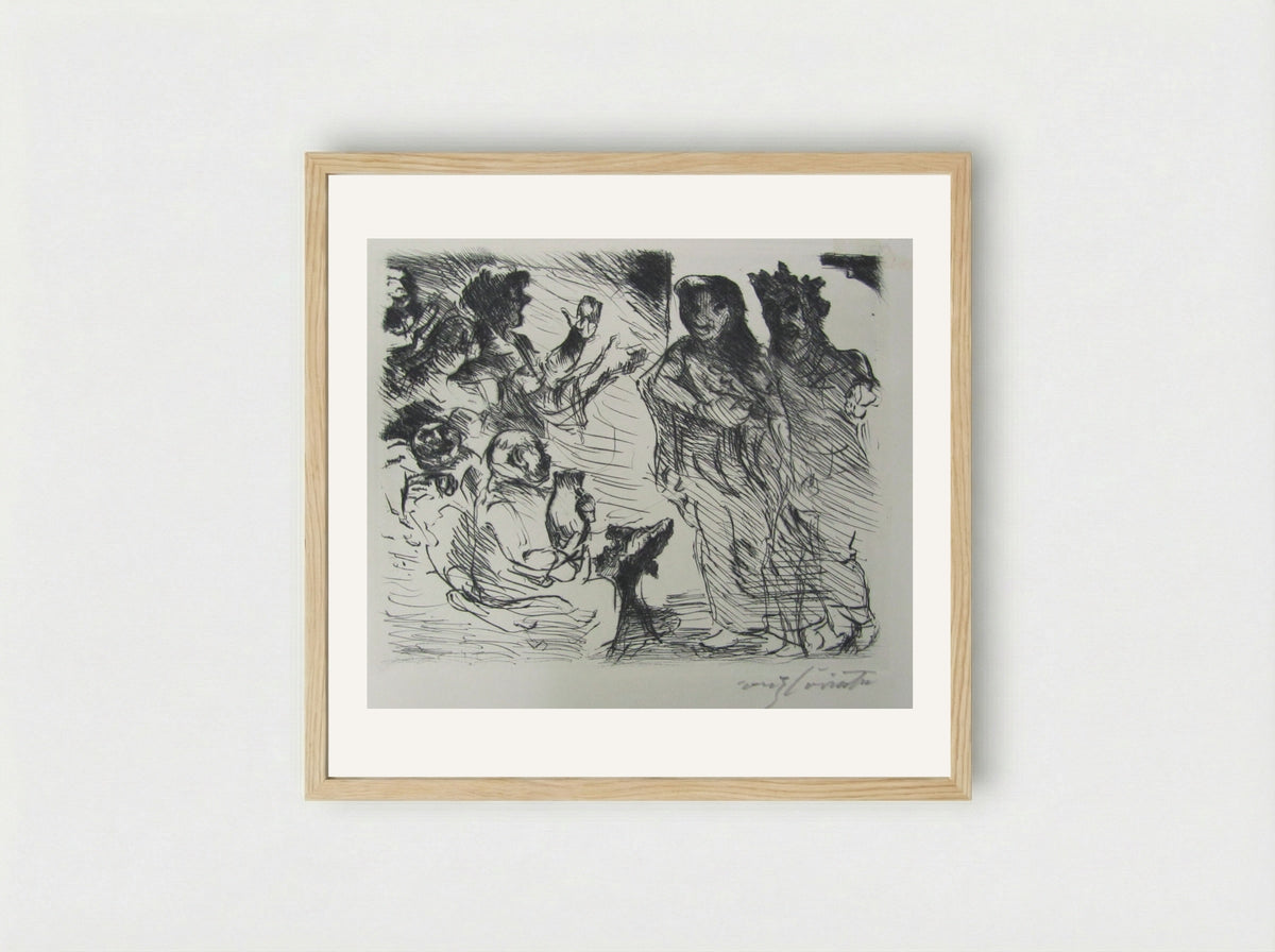 A man and a woman standing before a seated Roman with figures clapping in the background - Lovis Corinth - Framed Print Wood