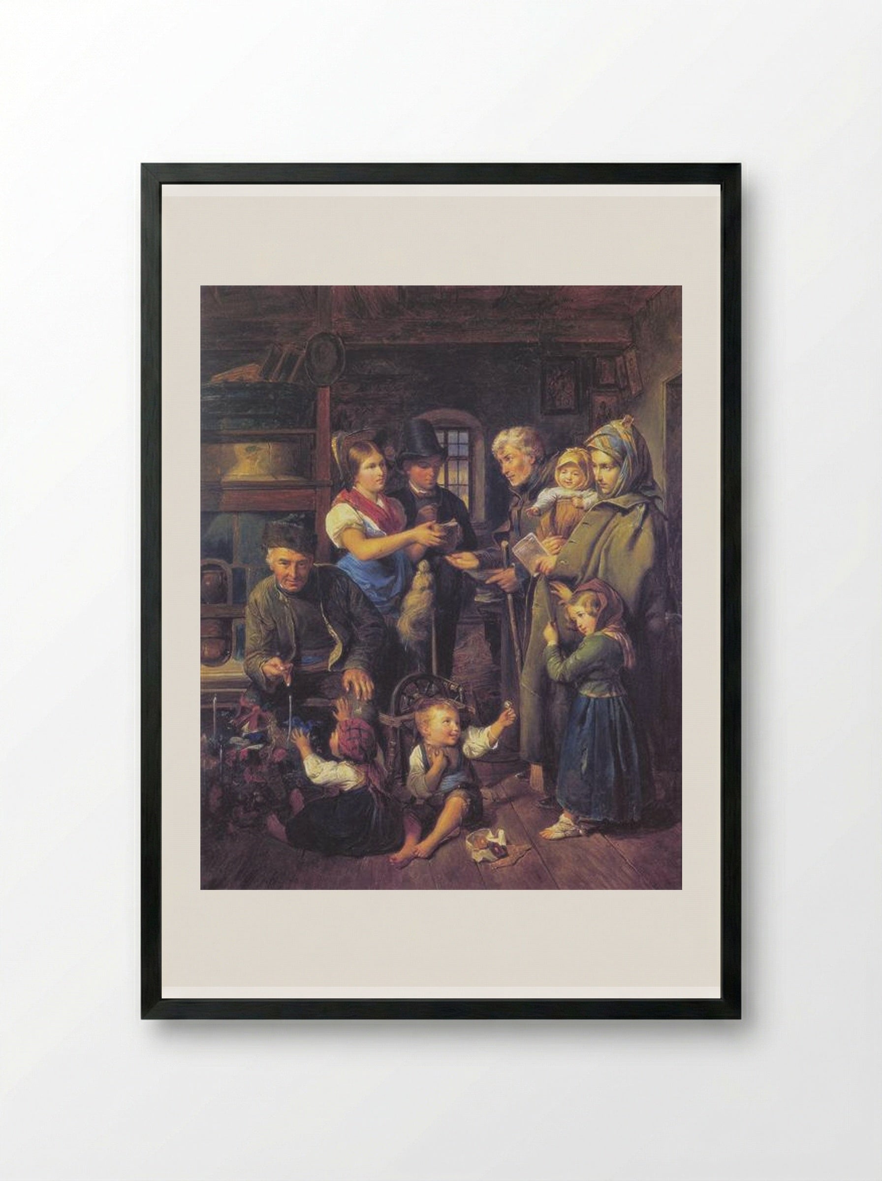 A traveling family of beggars is rewarded by poor peasants on Christmas Eve - Ferdinand Georg Waldmüller - Framed Print Black