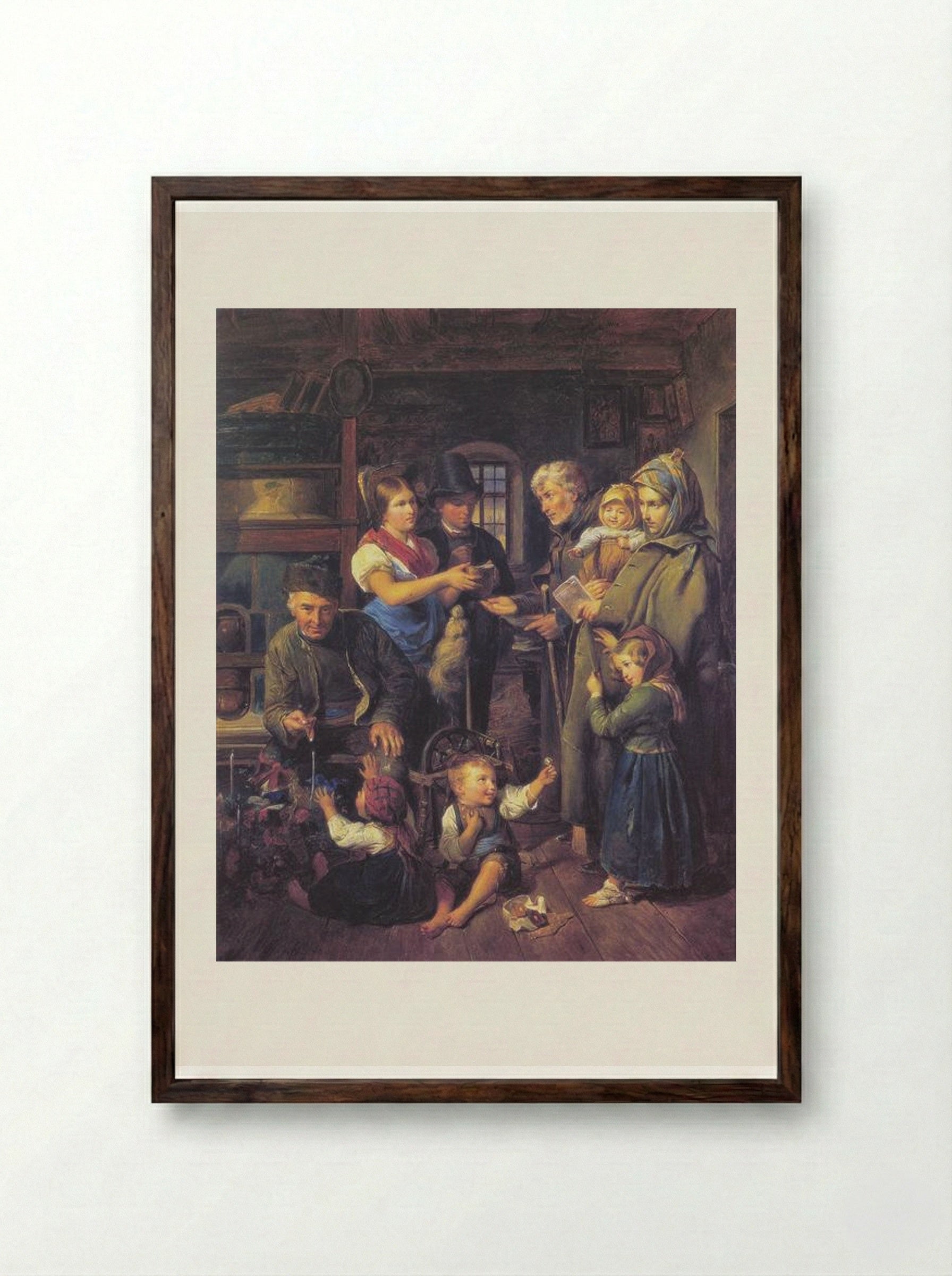 A traveling family of beggars is rewarded by poor peasants on Christmas Eve - Ferdinand Georg Waldmüller - Framed Print Dark Wood