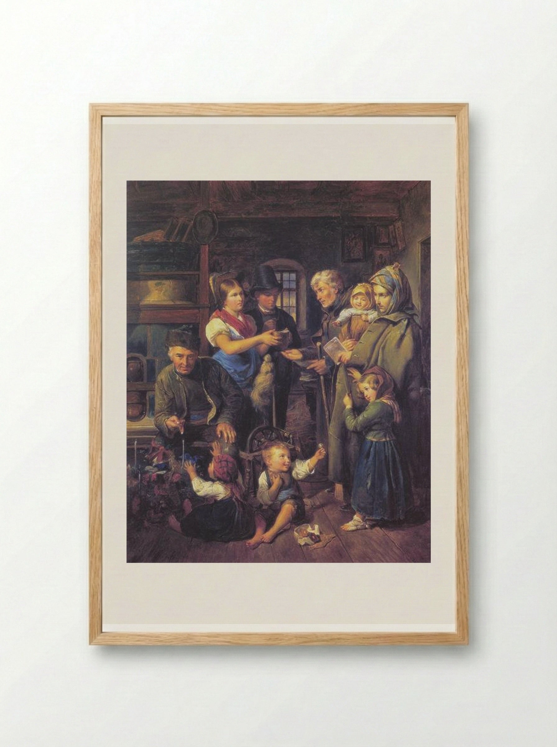A traveling family of beggars is rewarded by poor peasants on Christmas Eve - Ferdinand Georg Waldmüller - Framed Print Wood