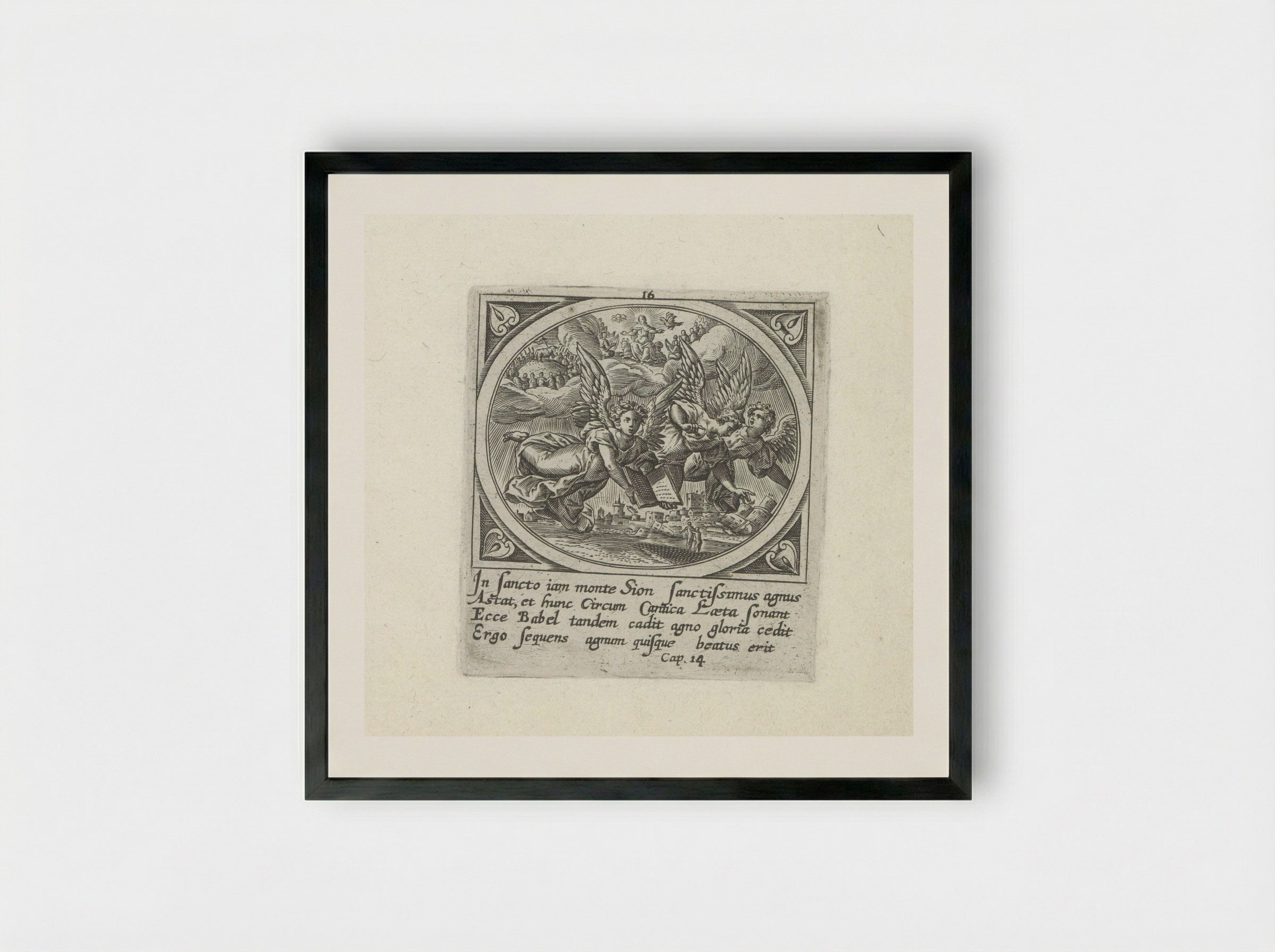 Aanbidding van het Lam op de berg Sion en drie verkondigende engelen - Gerard de Jode - Framed Print Black