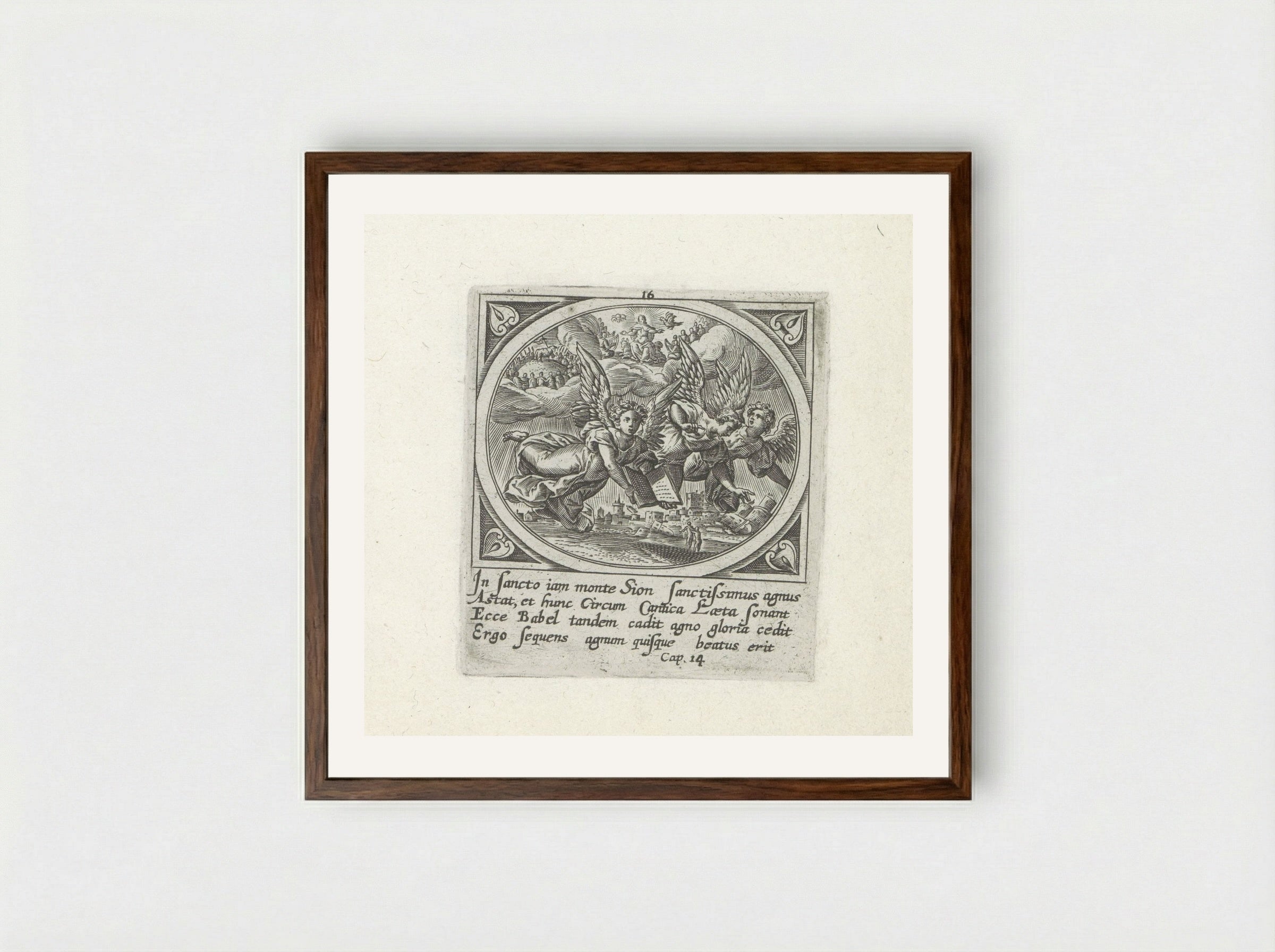 Aanbidding van het Lam op de berg Sion en drie verkondigende engelen - Gerard de Jode - Framed Print Dark Wood