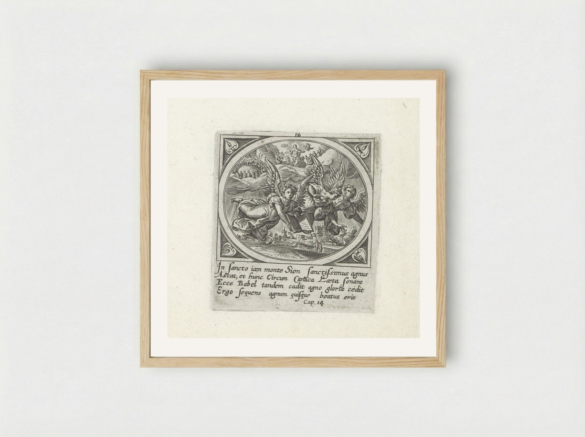 Aanbidding van het Lam op de berg Sion en drie verkondigende engelen - Gerard de Jode - Framed Print Wood