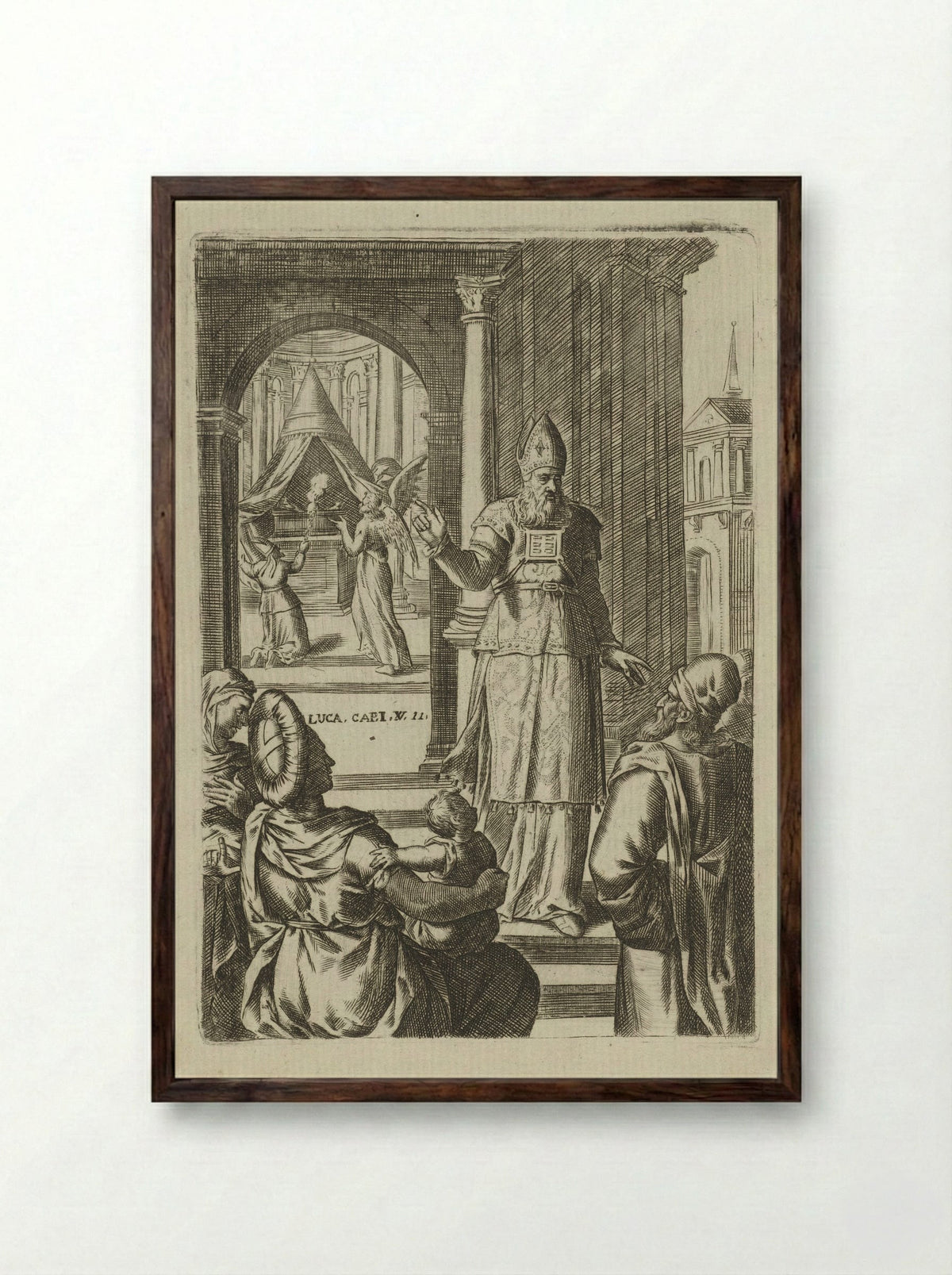 Aankondiging van de geboorte van Johannes - Abraham de Bruyn - Framed Print Dark Wood