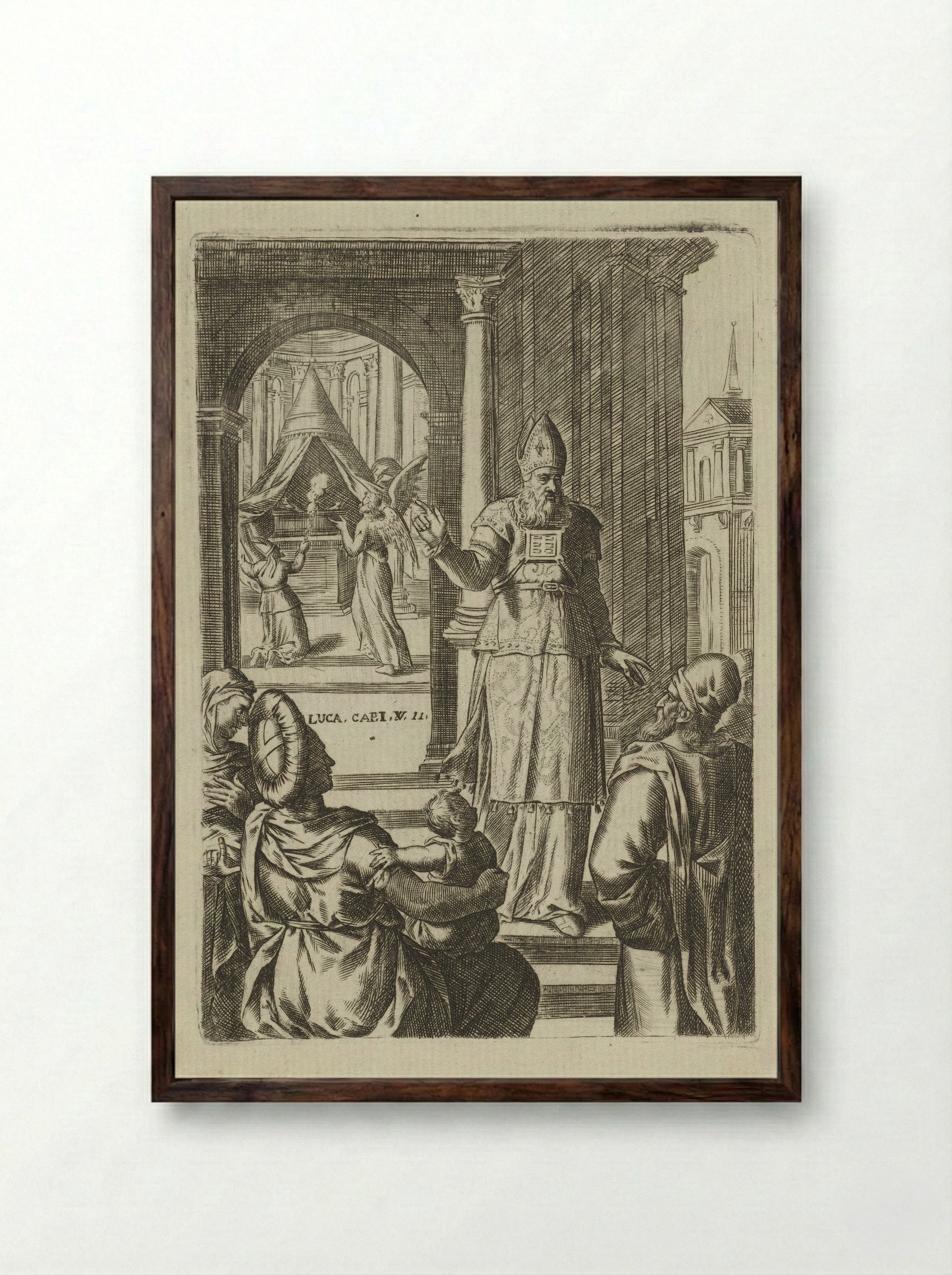 Aankondiging van de geboorte van Johannes - Abraham de Bruyn - Framed Print Dark Wood