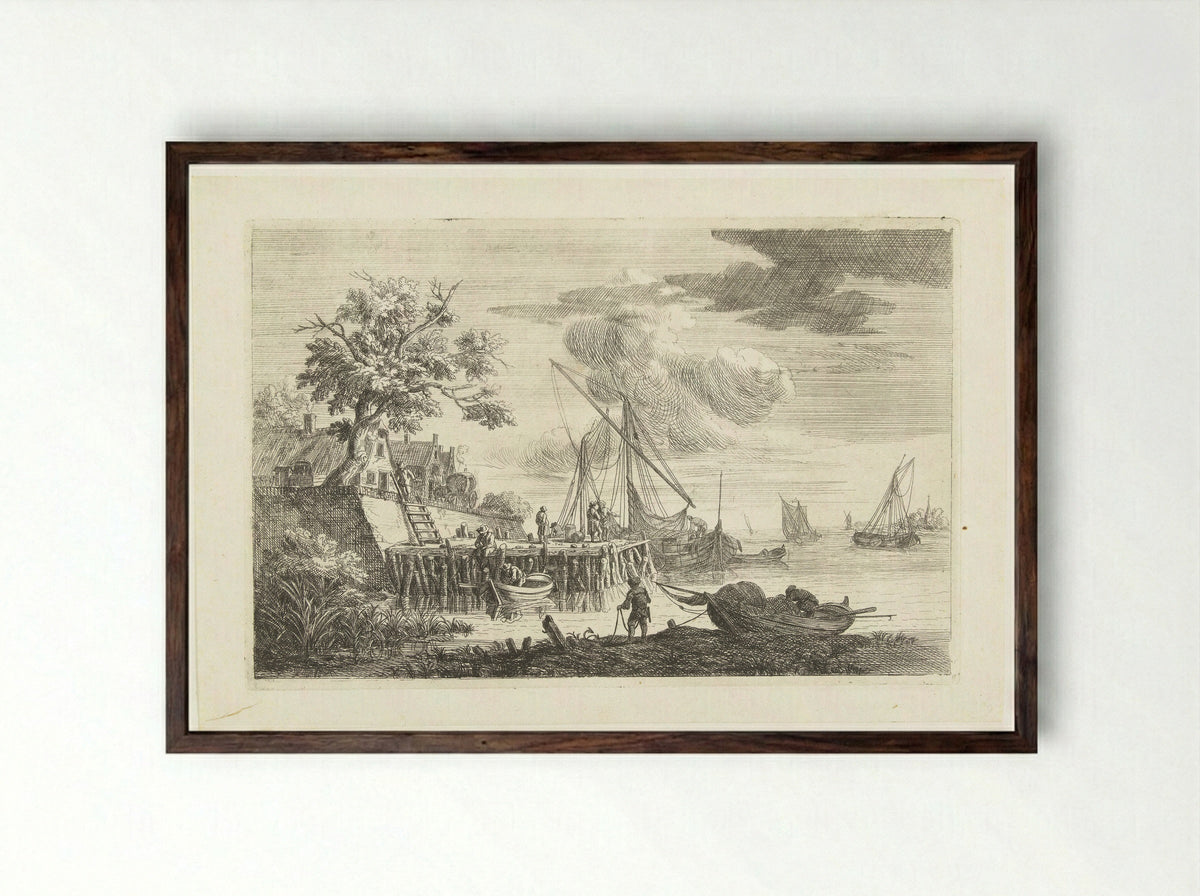 Aanlegsteiger met hengelaar - Pieter Bout - Framed Print Dark Wood