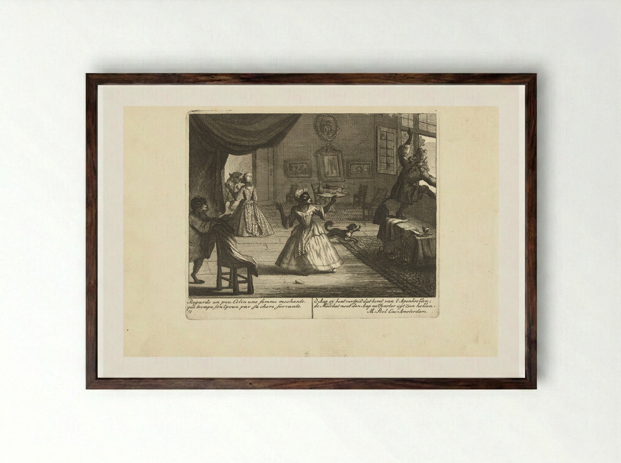 Aap als betrapte minnaar - Matthijs Pool - Framed Print Dark Wood