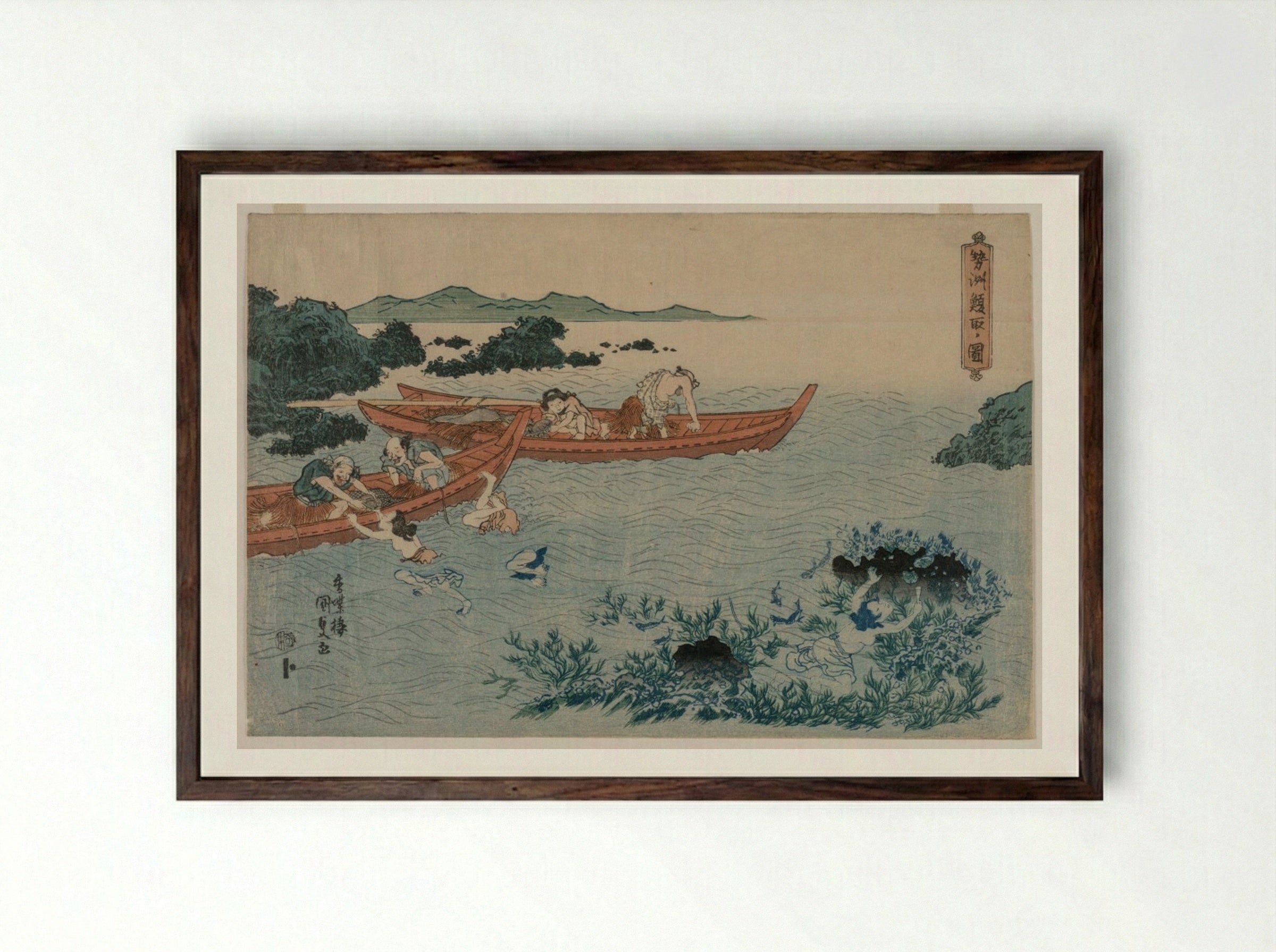 Abalone Divers off the Coast of Ise - Utagawa Kunisada - Framed Print Dark Wood