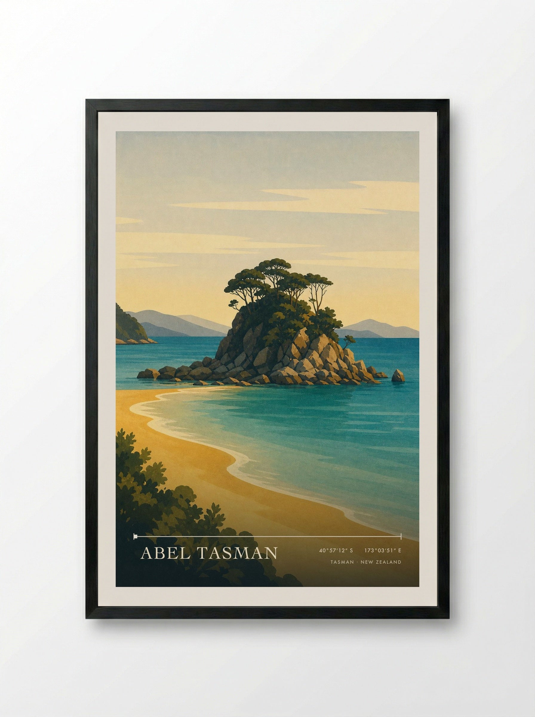 Abel Tasman Travel Poster Artwork - Framed Print Black