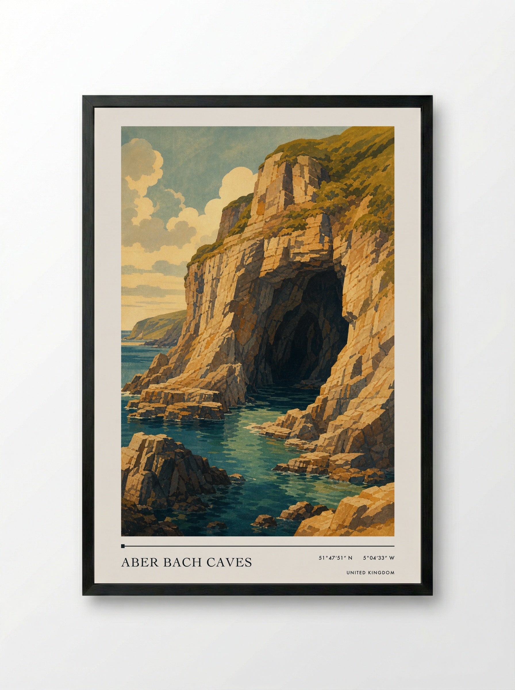 Aber Bach Caves United Kingdom Travel Poster - Framed Print Black