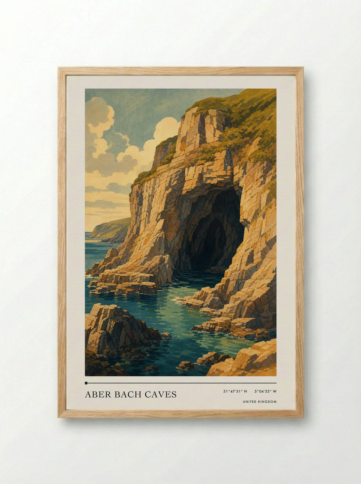 Aber Bach Caves United Kingdom Travel Poster - Framed Print Wood