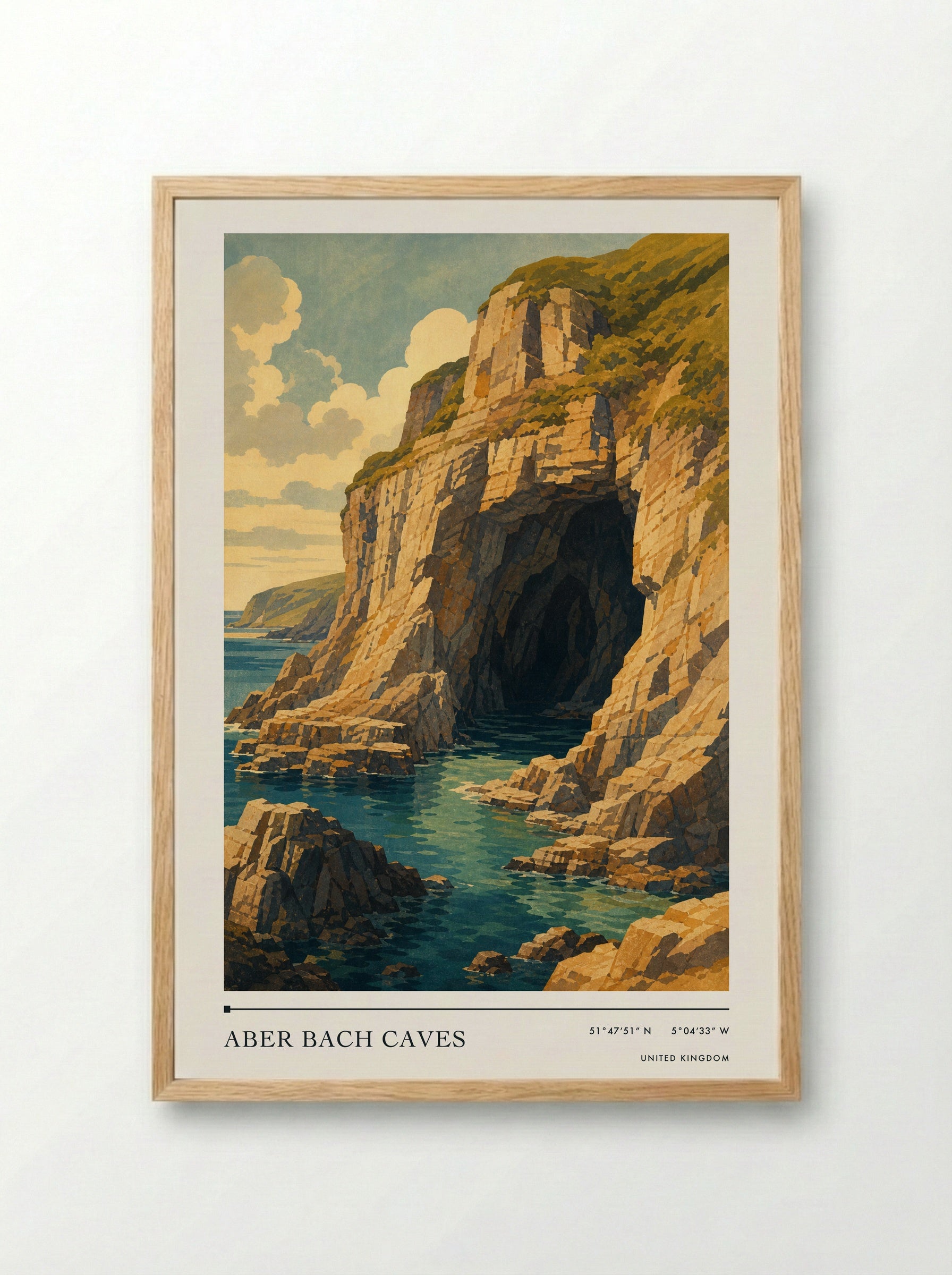 Aber Bach Caves United Kingdom Travel Poster - Framed Print Wood