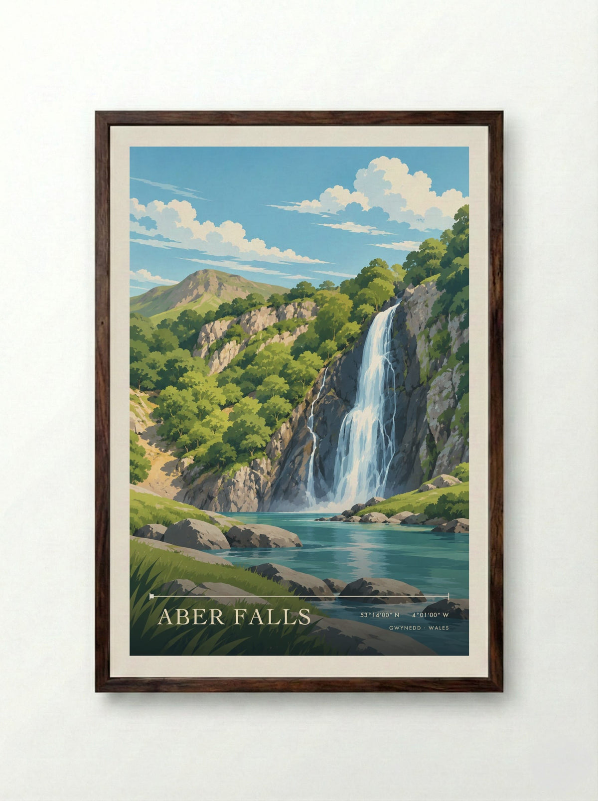 Aber Falls, Gwynedd | Travel Poster - Framed Print Dark Wood