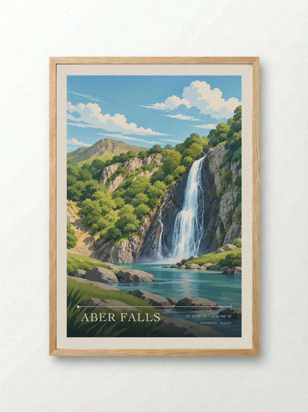 Aber Falls, Gwynedd | Travel Poster - Framed Print Wood