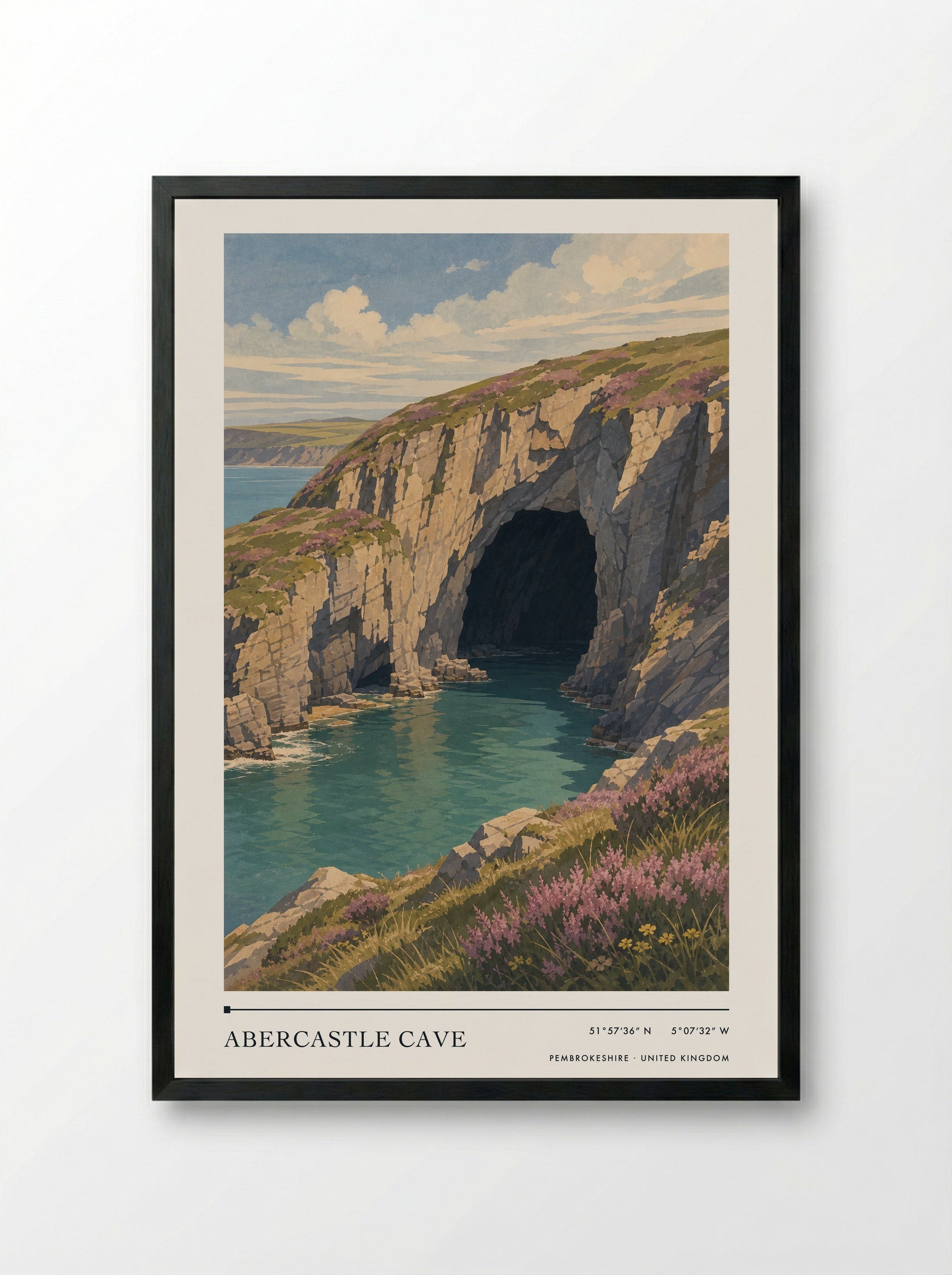 Abercastle Cave Pembrokeshire United Kingdom Travel Poster - Framed Print Black