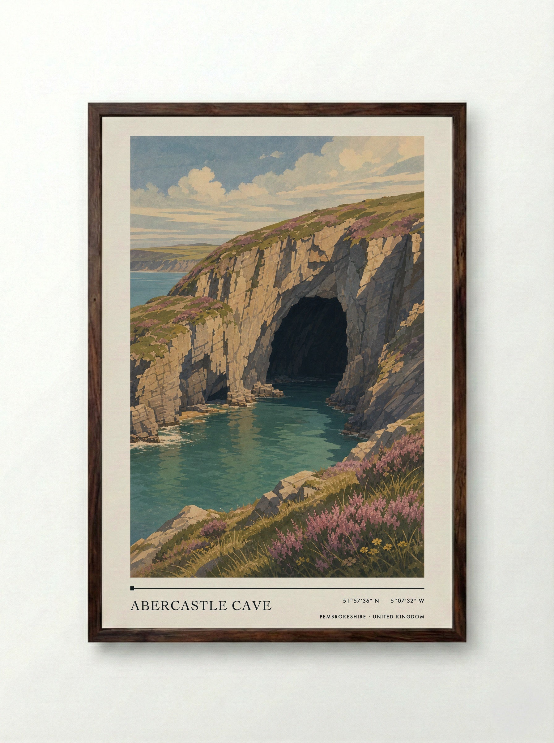 Abercastle Cave Pembrokeshire United Kingdom Travel Poster - Framed Print Dark Wood