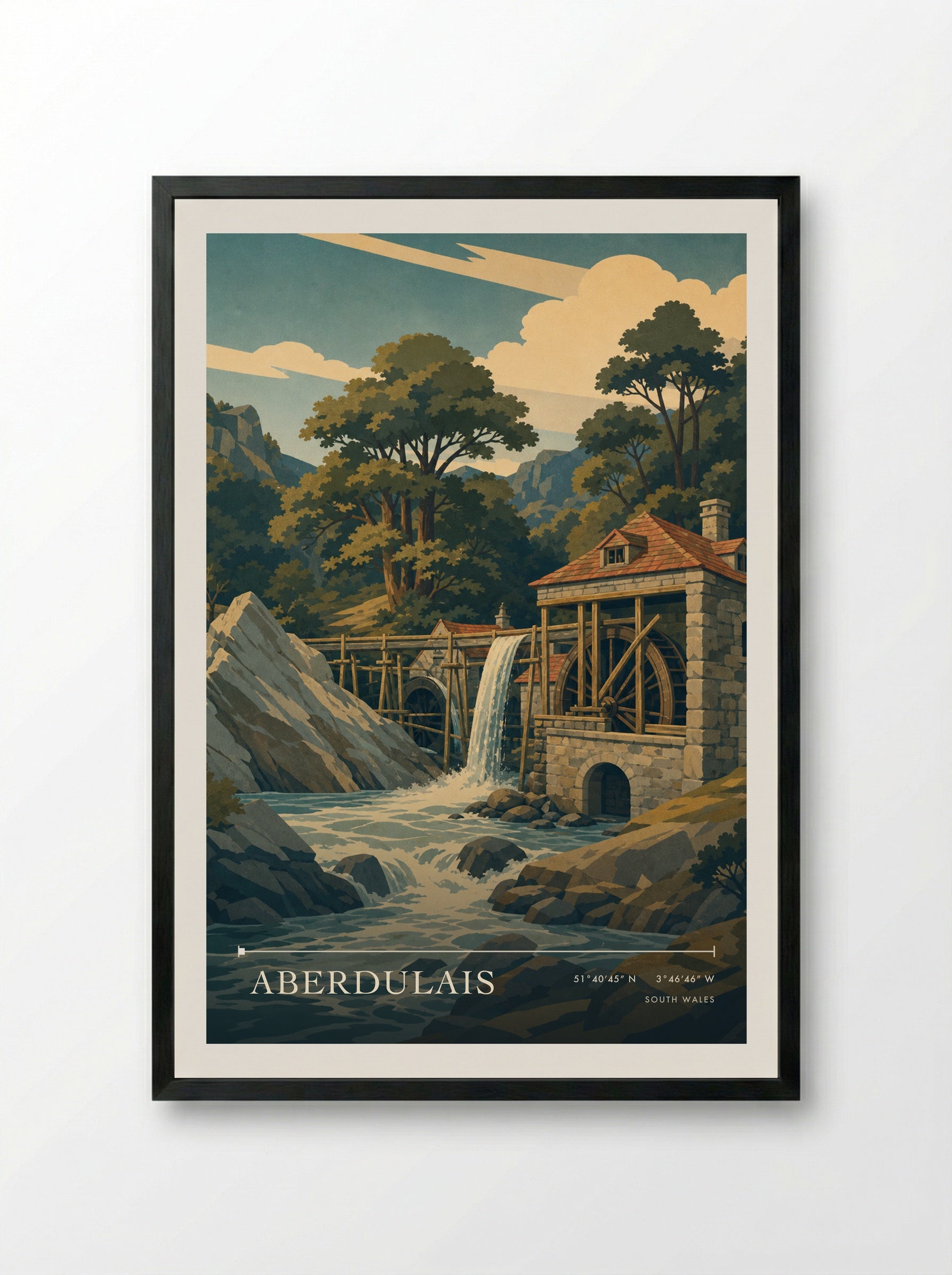 Aberdulais South Wales Wales Travel Poster - Framed Print Black