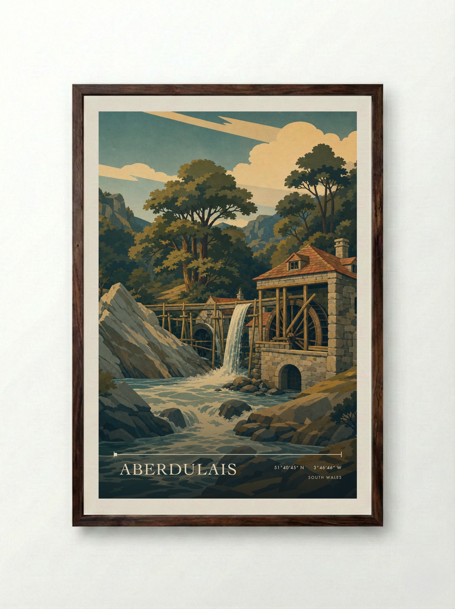 Aberdulais South Wales Wales Travel Poster - Framed Print Dark Wood