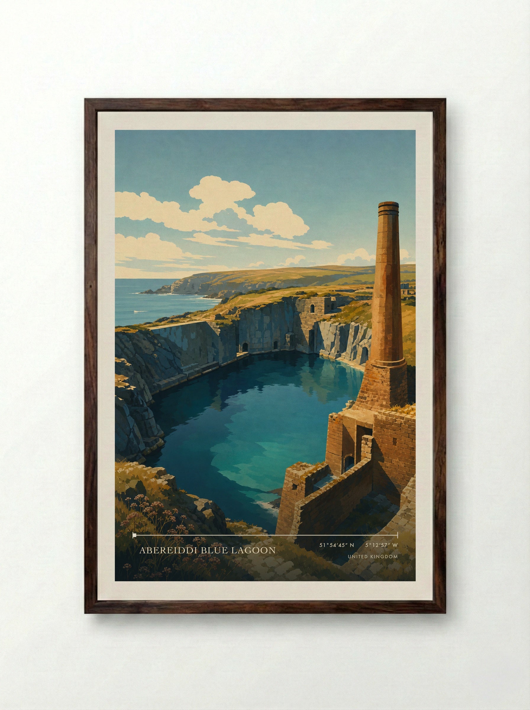 Abereiddi Blue Lagoon United Kingdom Travel Poster - Framed Print Dark Wood