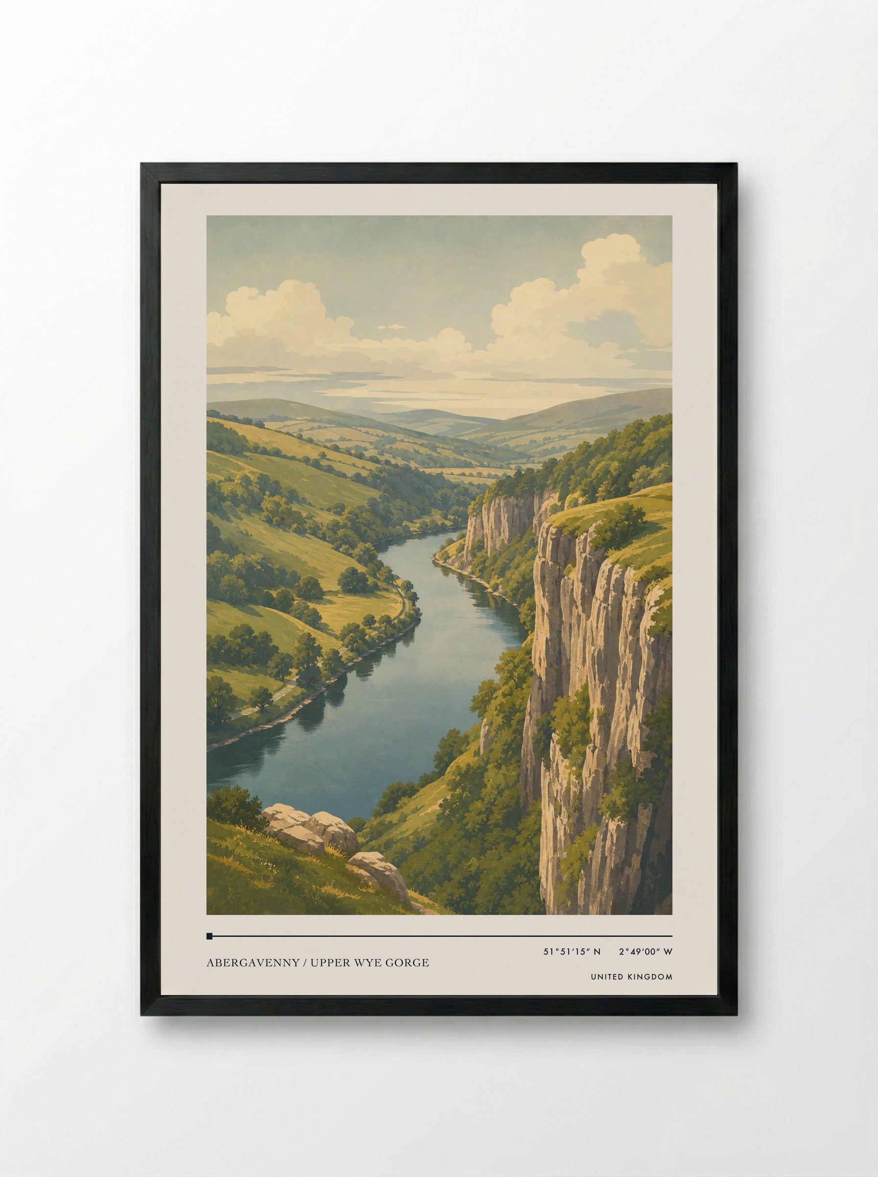 Abergavenny / Upper Wye Gorge United Kingdom Travel Poster - Framed Print Black