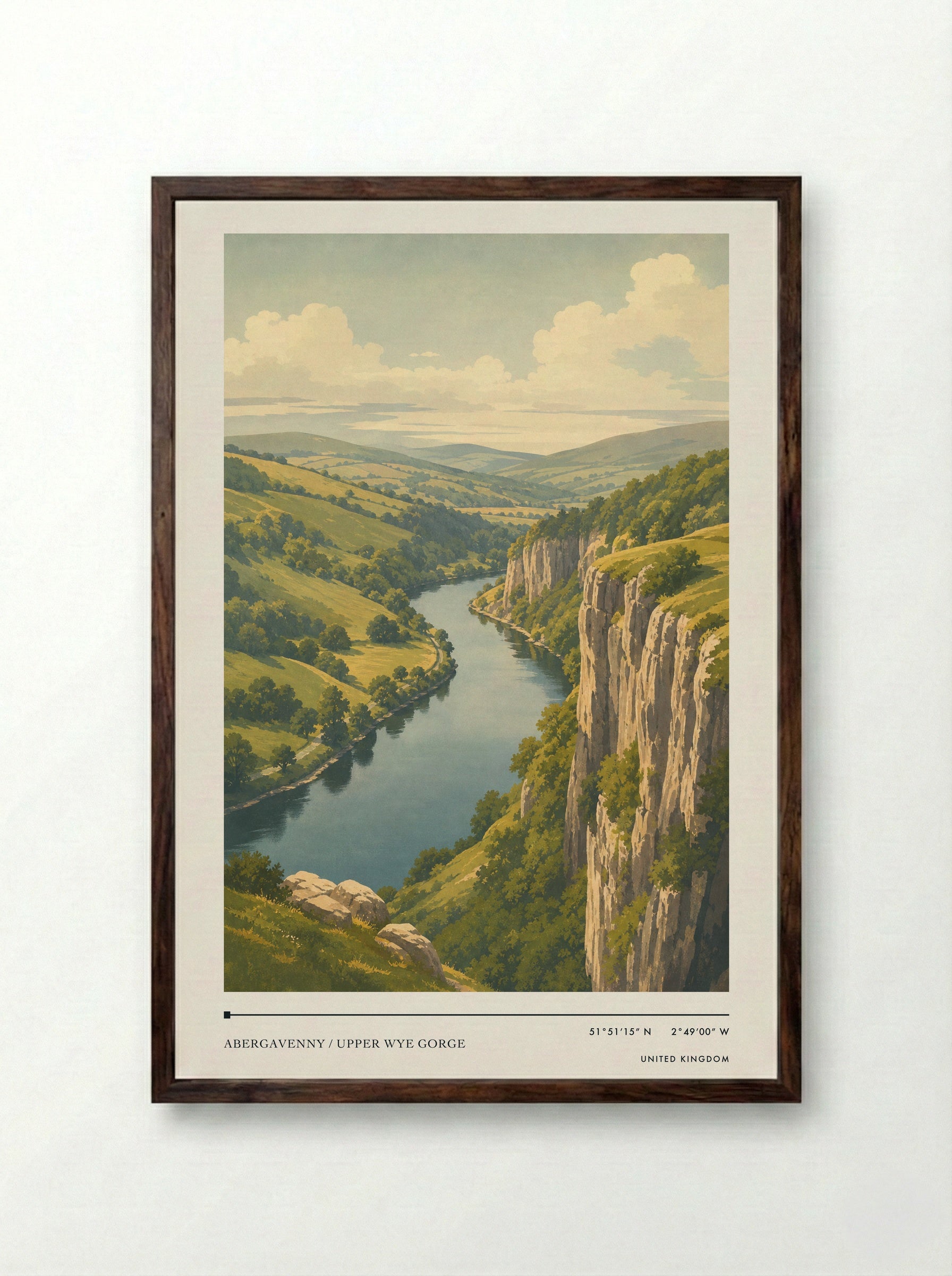 Abergavenny / Upper Wye Gorge United Kingdom Travel Poster - Framed Print Dark Wood